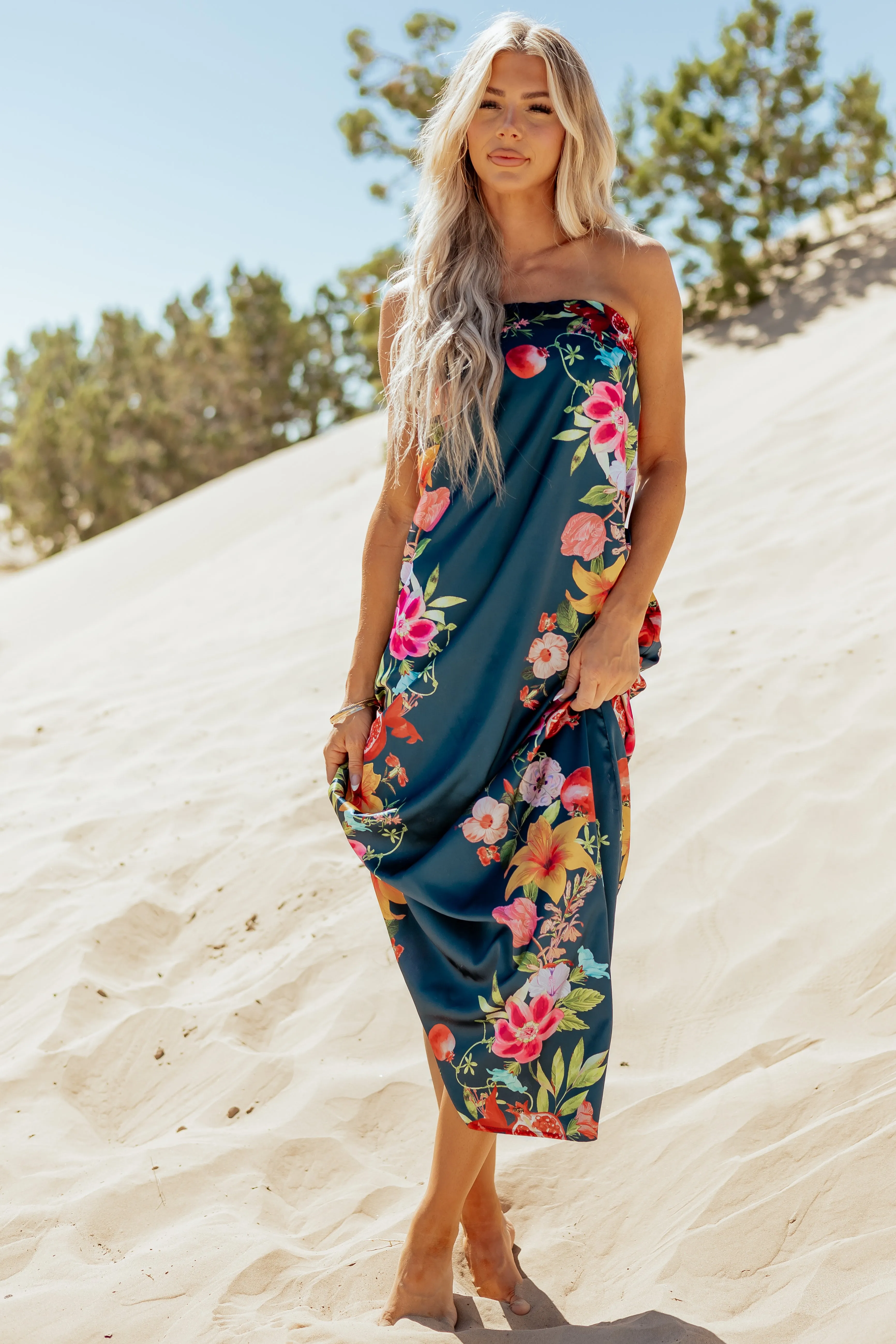 Sea Blue Satin Floral Print Strapless Maxi Dress sold by Lime Lush product image thumbnail 3