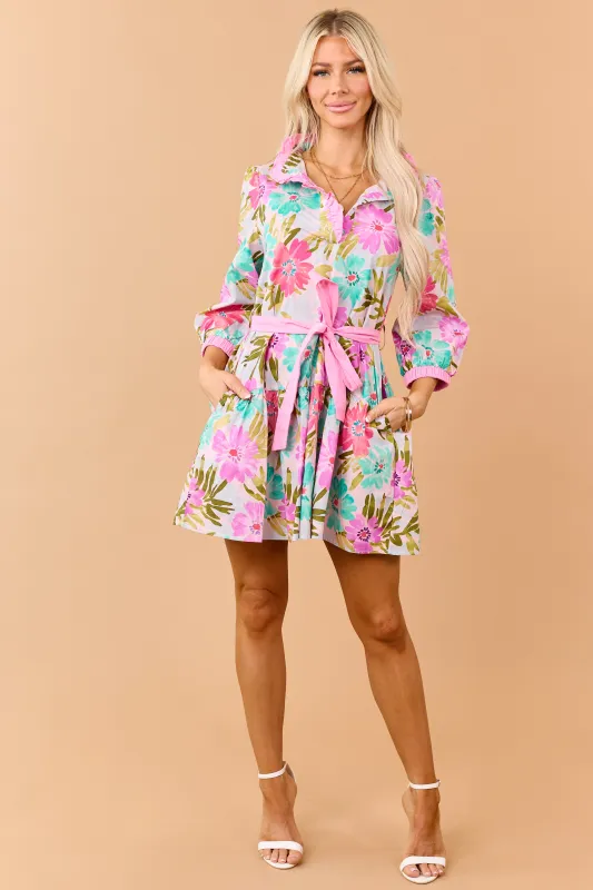 Bubblegum Floral Print Cotton Waist Tie Mini Dress made by JODIFL
