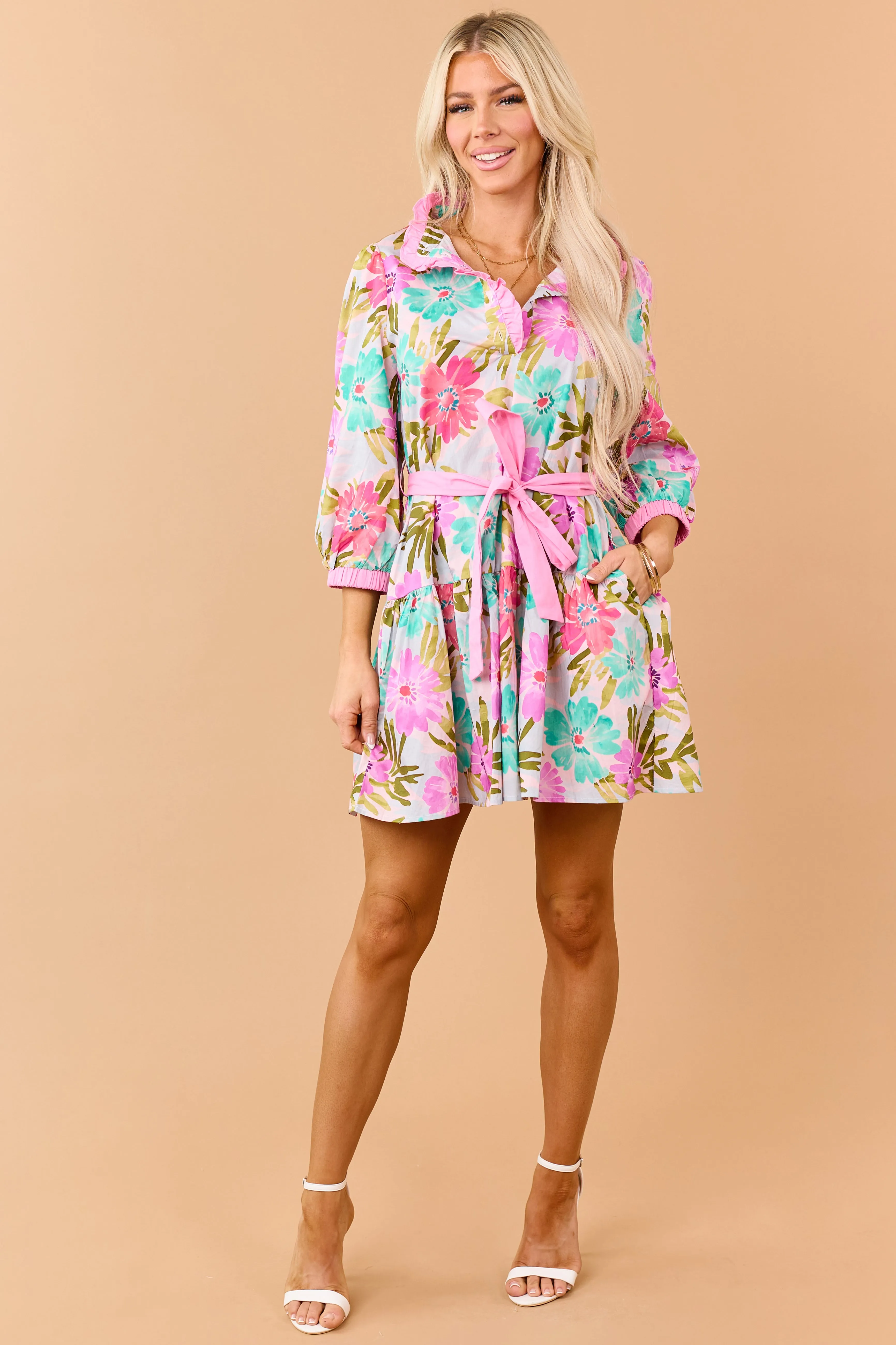 Bubblegum Floral Print Cotton Waist Tie Mini Dress sold by Lime Lush product image thumbnail 3