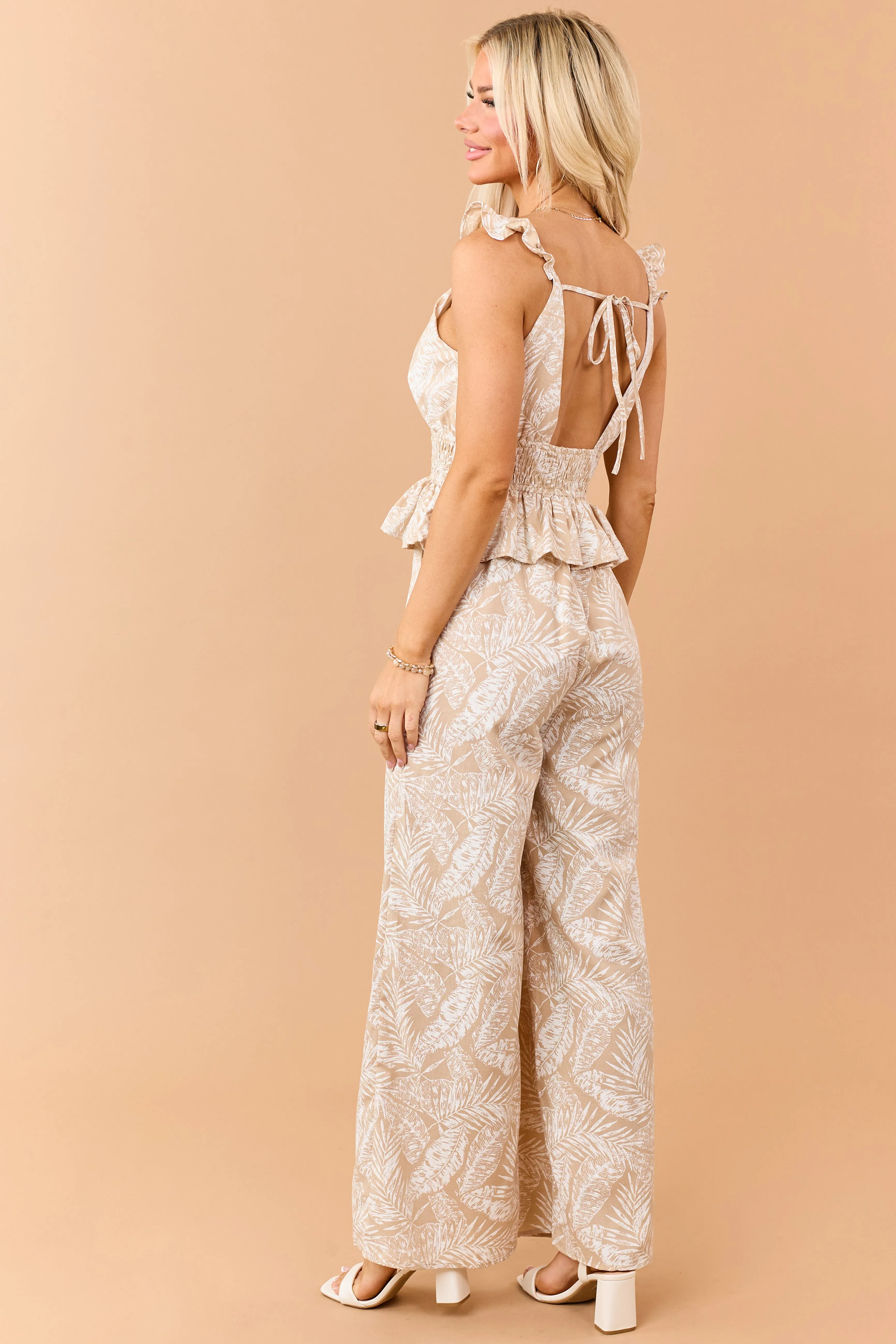 Desert Leaf Print Smocked Peplum Waist Jumpsuit sold by Lime Lush product image thumbnail 5