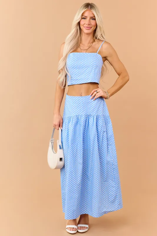 Cornflower and White Polka Dot Cotton Maxi Skirt made by Day + Moon