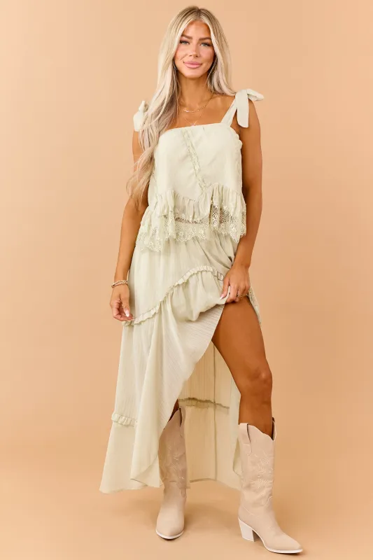 Pistachio Tiered Ruffle High Low Hem Midi Skirt made by Polagram