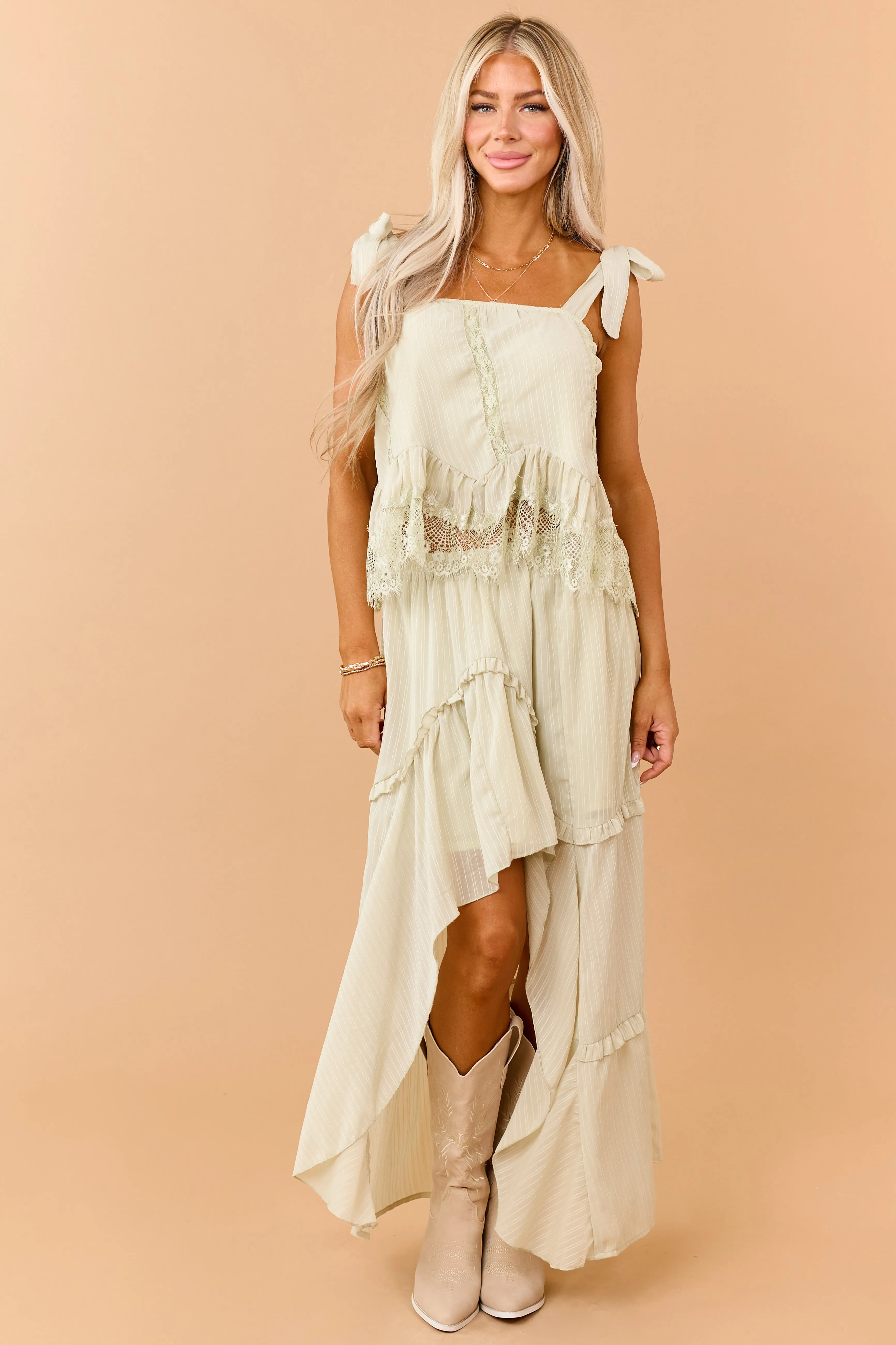 Pistachio Lace Ruffle Trim Tie Strap Tank Top sold by Lime Lush product image thumbnail 2