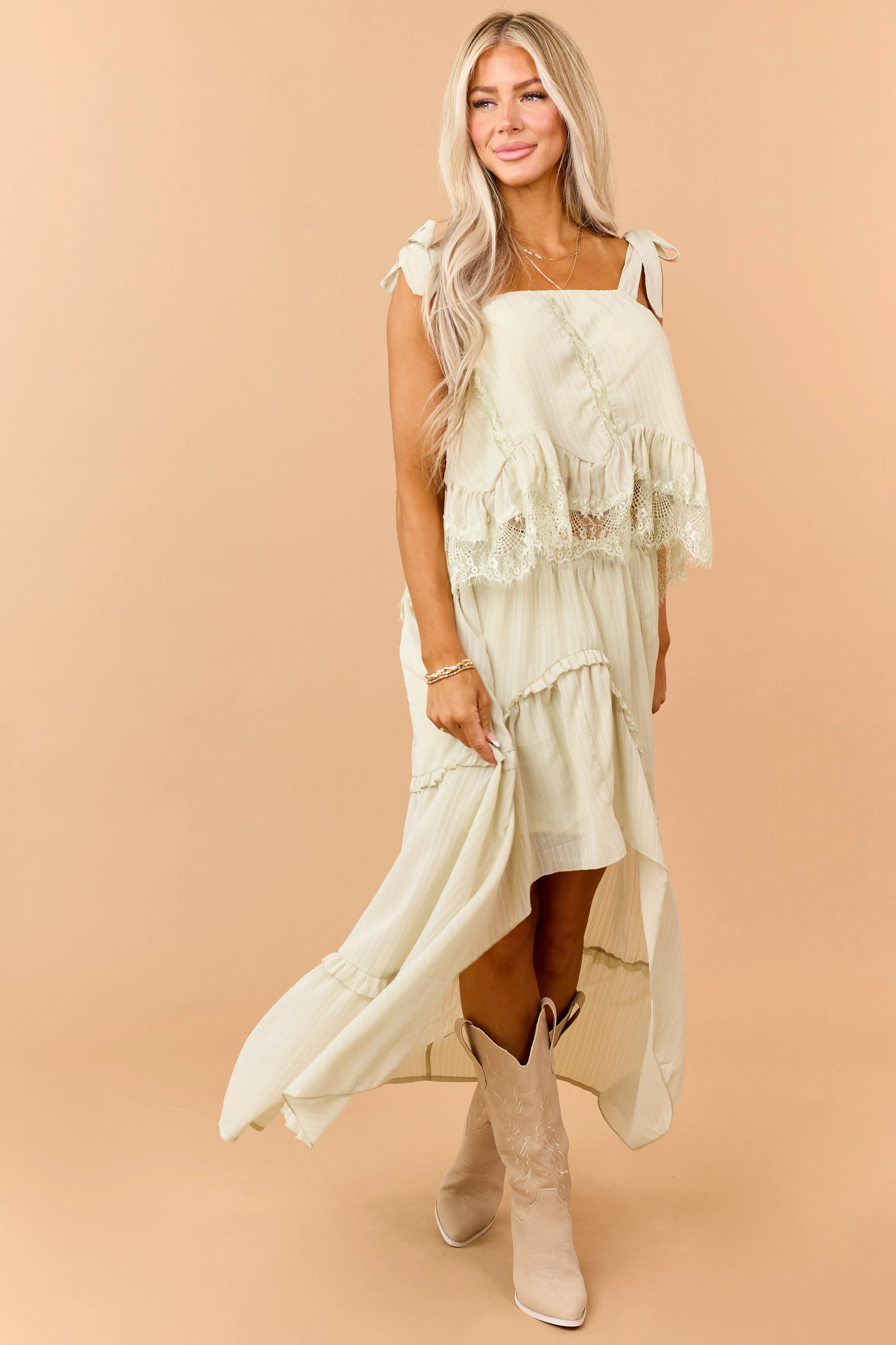 Pistachio Lace Ruffle Trim Tie Strap Tank Top sold by Lime Lush product image thumbnail 3