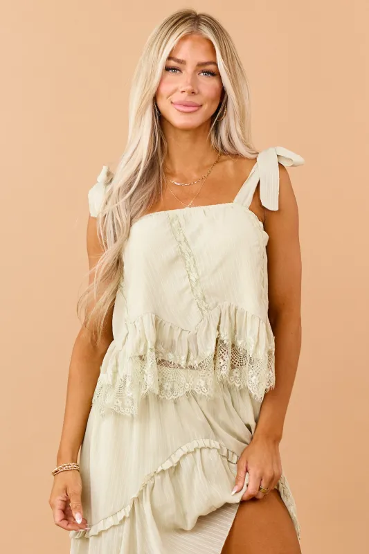 Pistachio Lace Ruffle Trim Tie Strap Tank Top made by Polagram