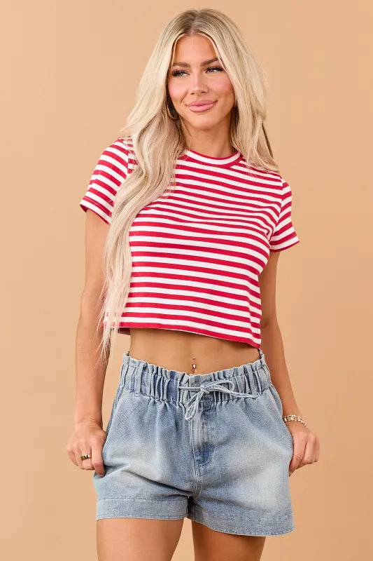 Lipstick Striped Cropped Short Sleeve Cotton Tee made by Le Lis