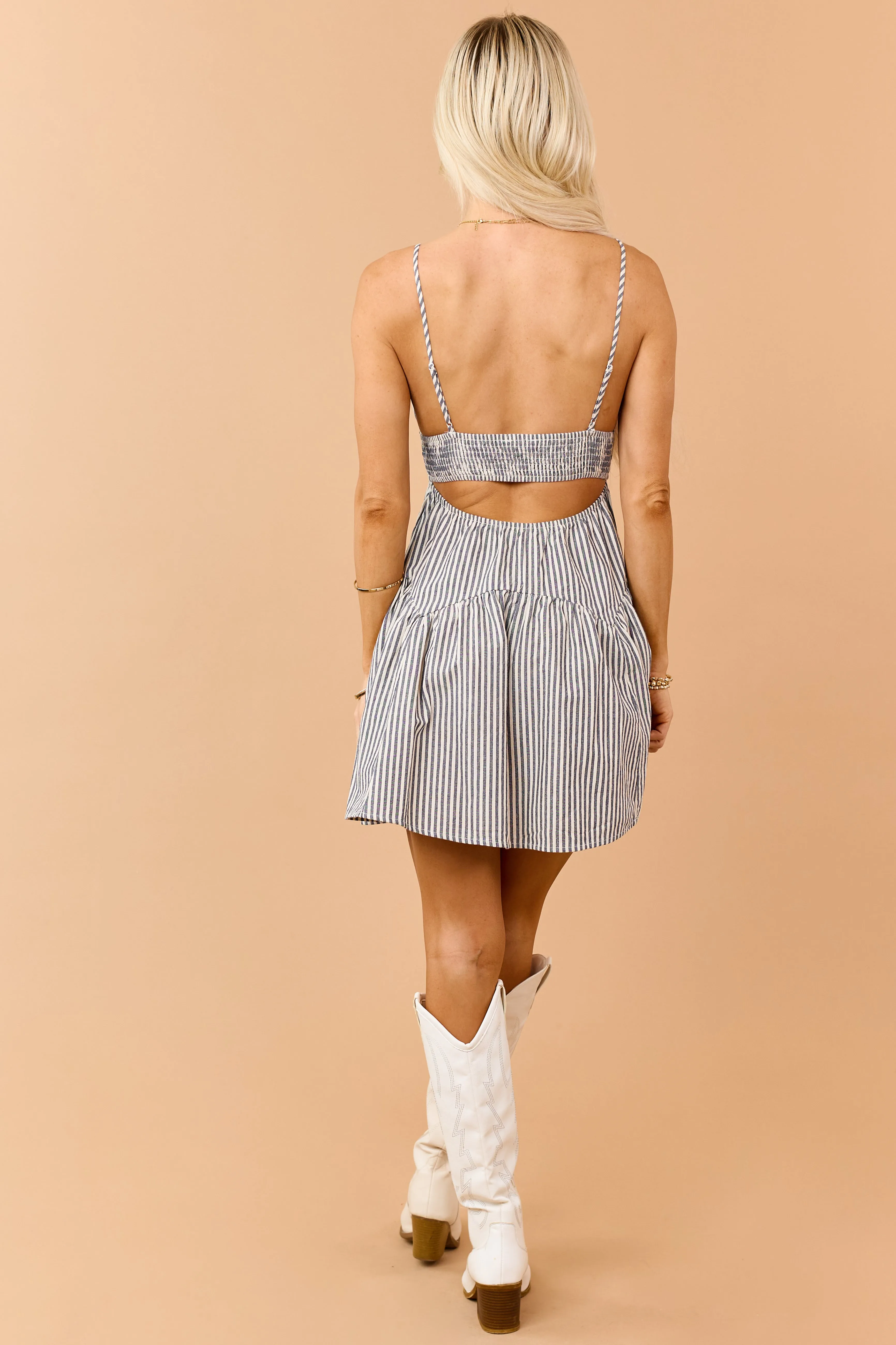 Faded Navy Striped Cotton Smocked Waist Mini Dress sold by Lime Lush product image thumbnail 5