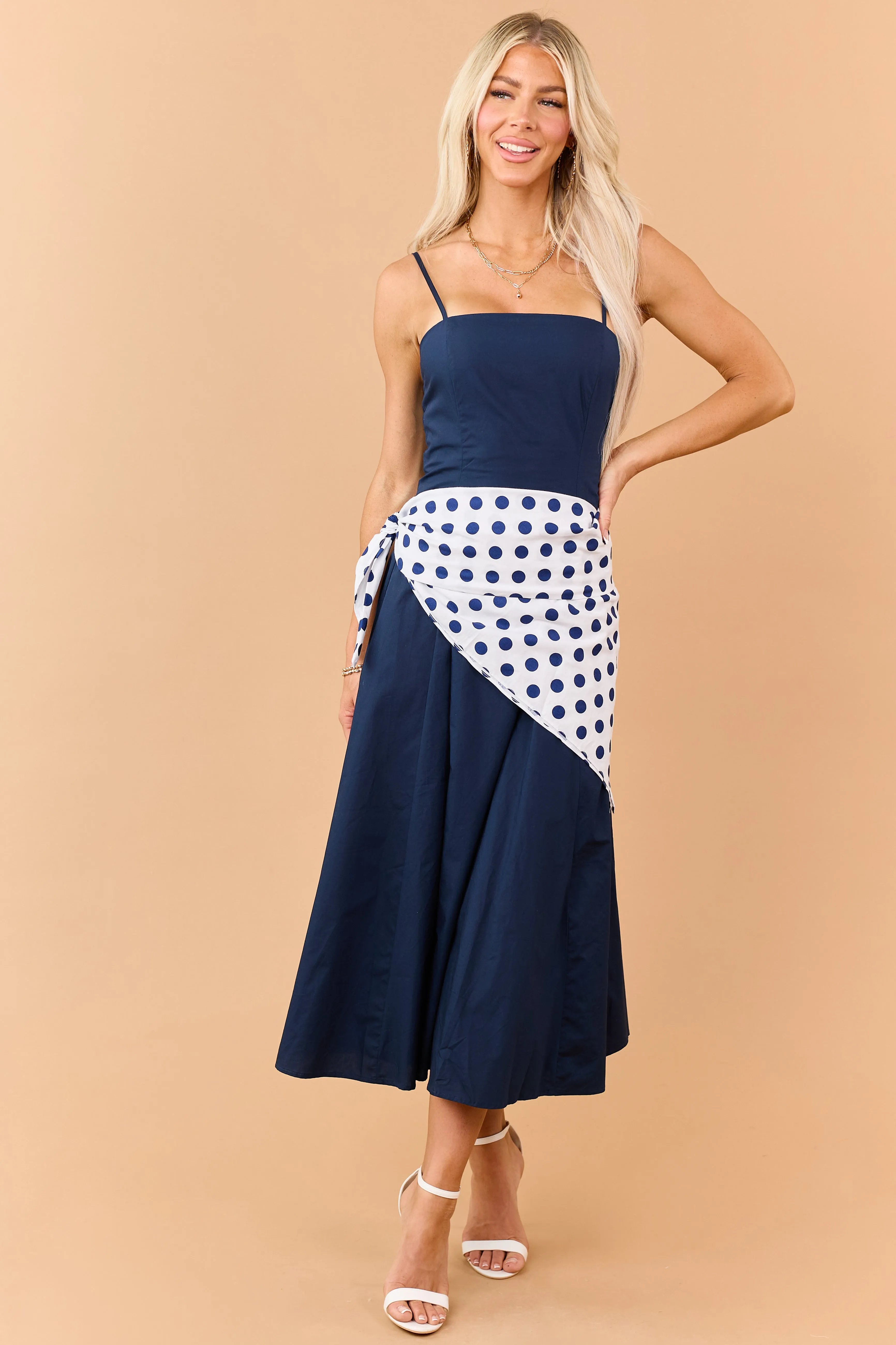 Navy Contrast Polka Dot Waist Wrap Cotton Midi Dress sold by Lime Lush product image thumbnail 2