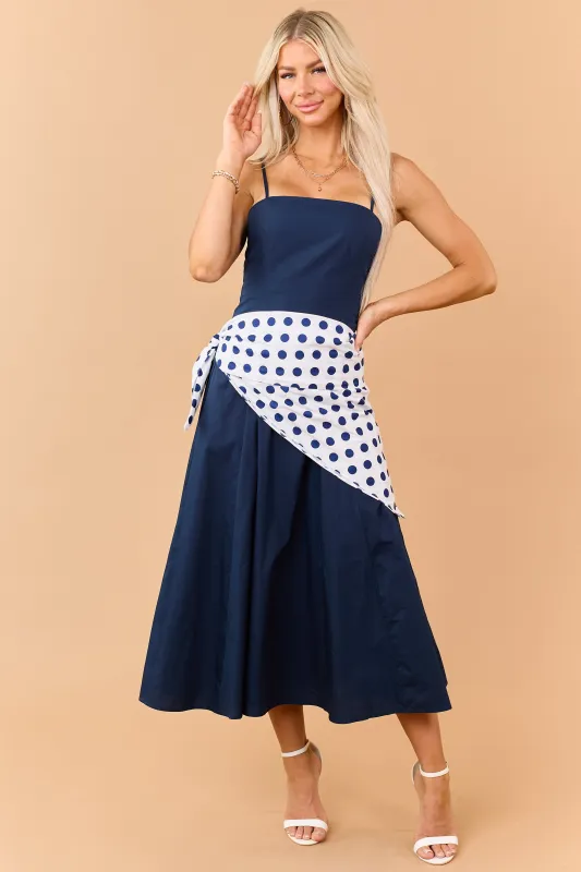 Navy Contrast Polka Dot Waist Wrap Cotton Midi Dress made by Lalavon
