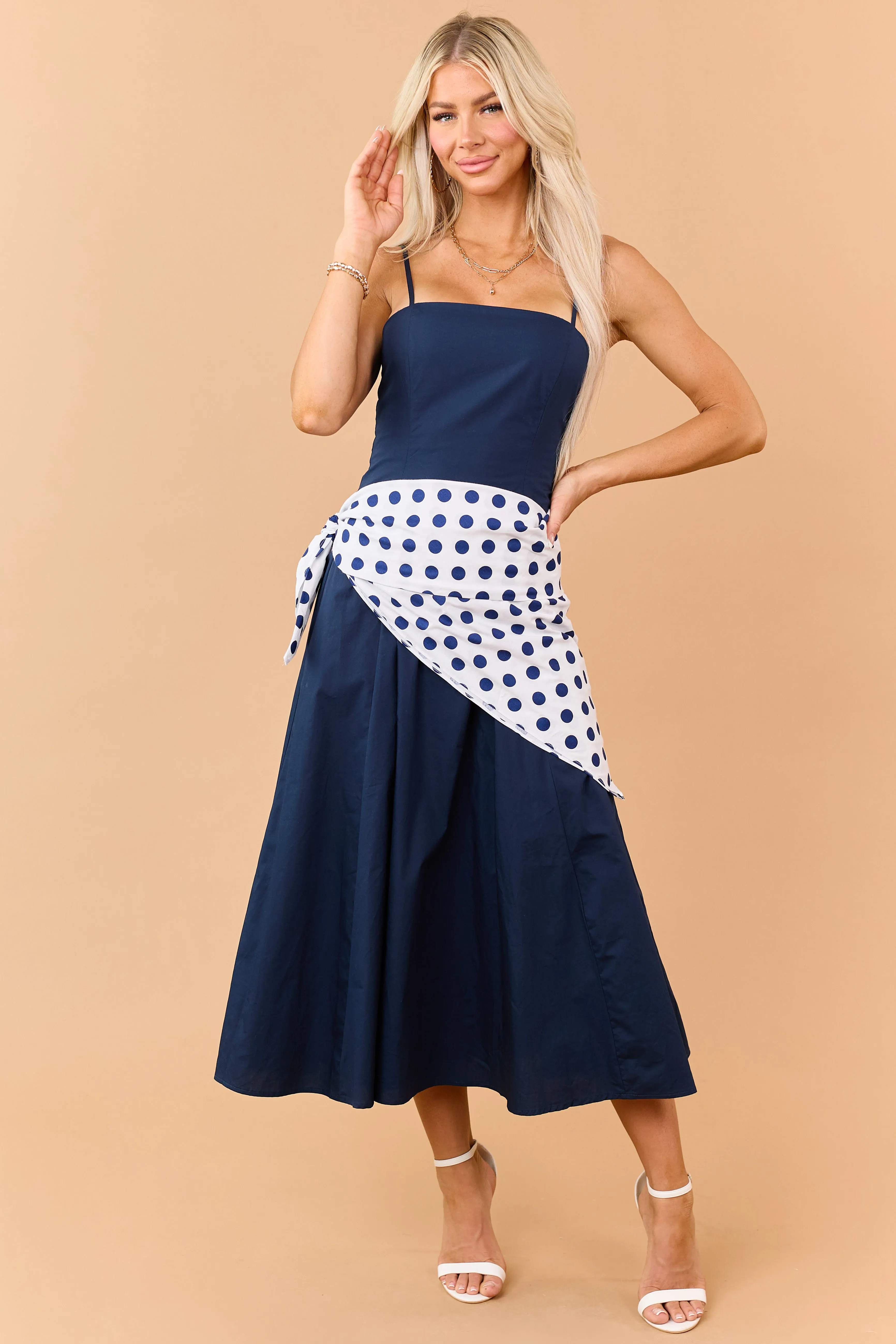 Navy Contrast Polka Dot Waist Wrap Cotton Midi Dress sold by Lime Lush