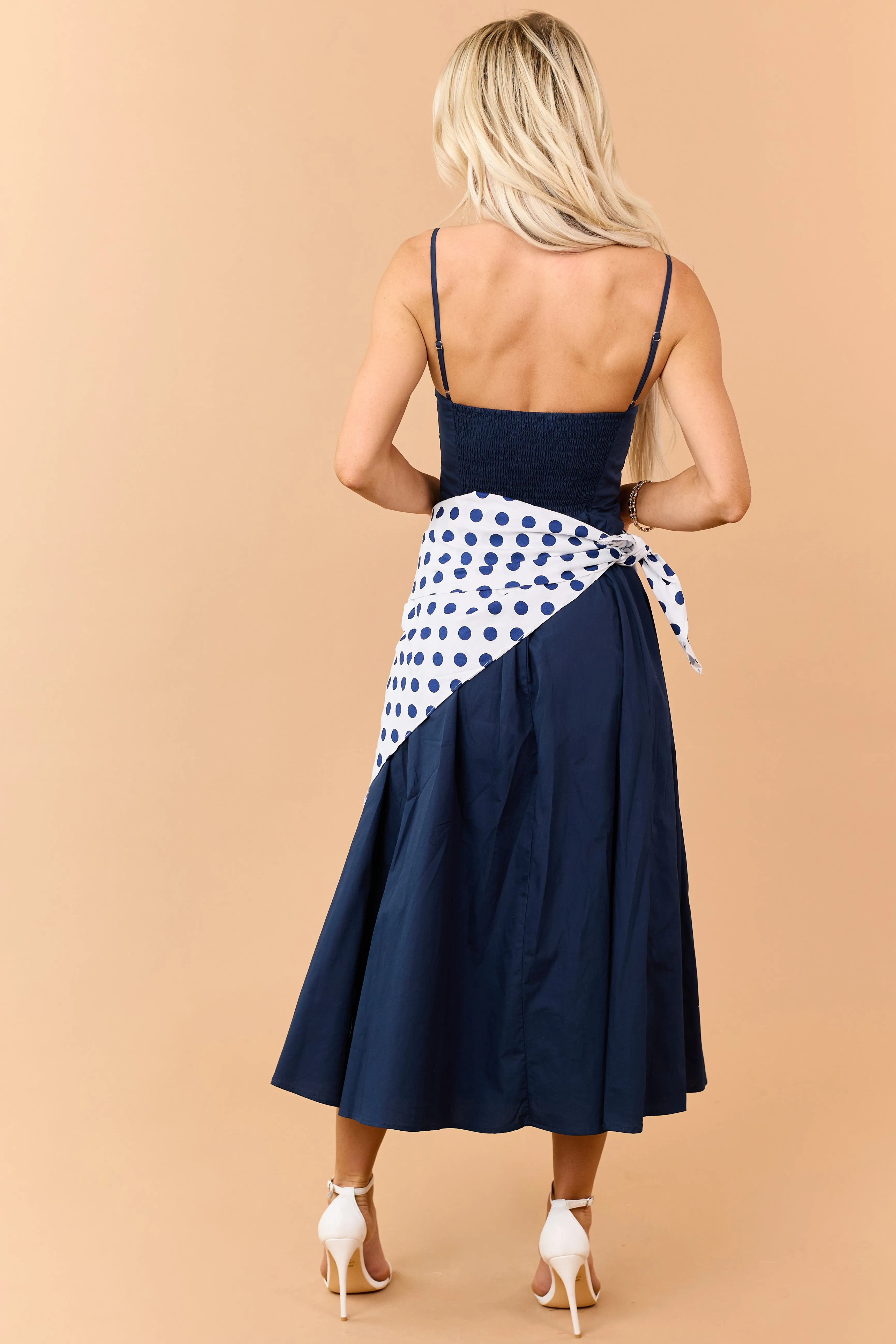 Navy Contrast Polka Dot Waist Wrap Cotton Midi Dress sold by Lime Lush product image thumbnail 5