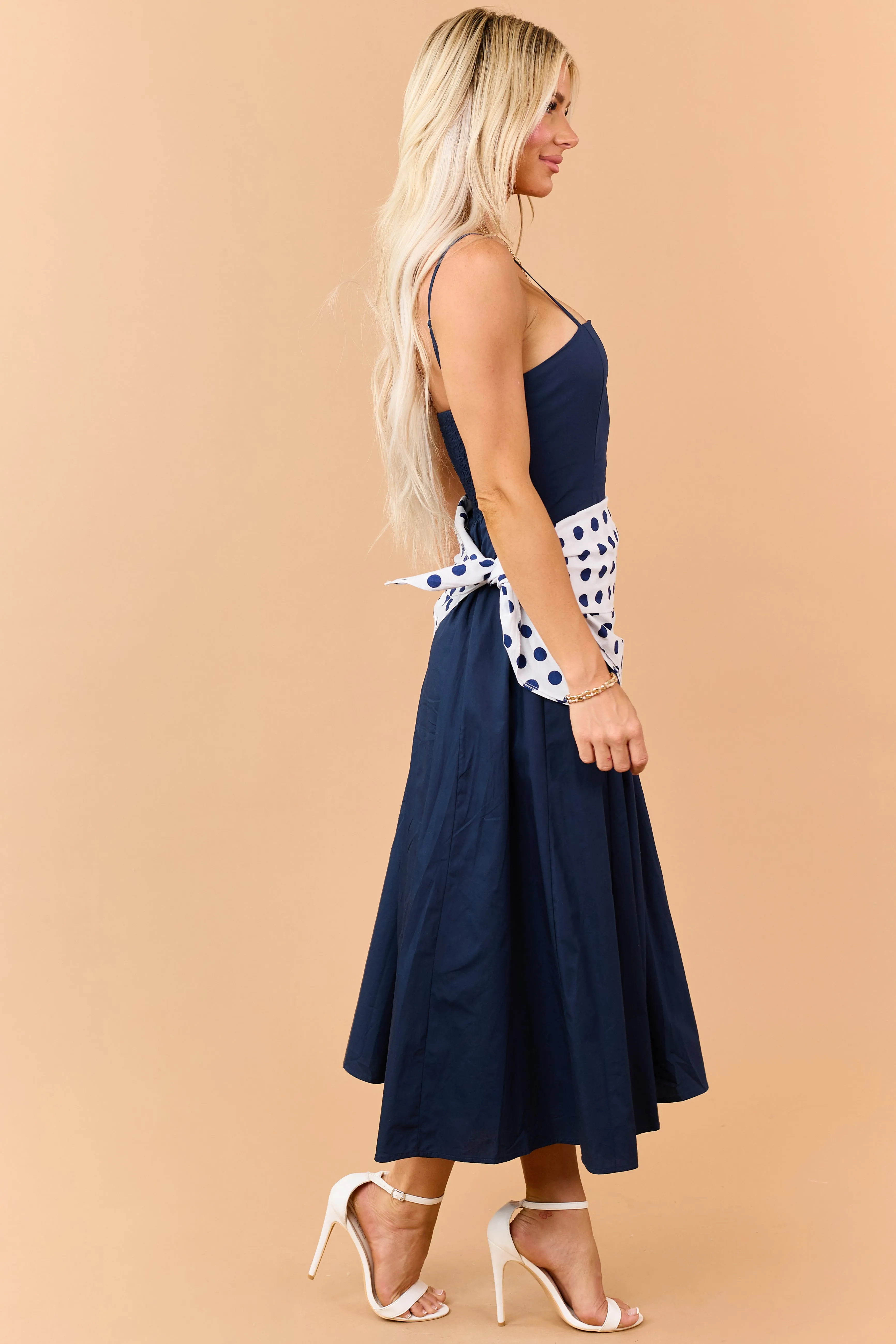 Navy Contrast Polka Dot Waist Wrap Cotton Midi Dress sold by Lime Lush product image thumbnail 4