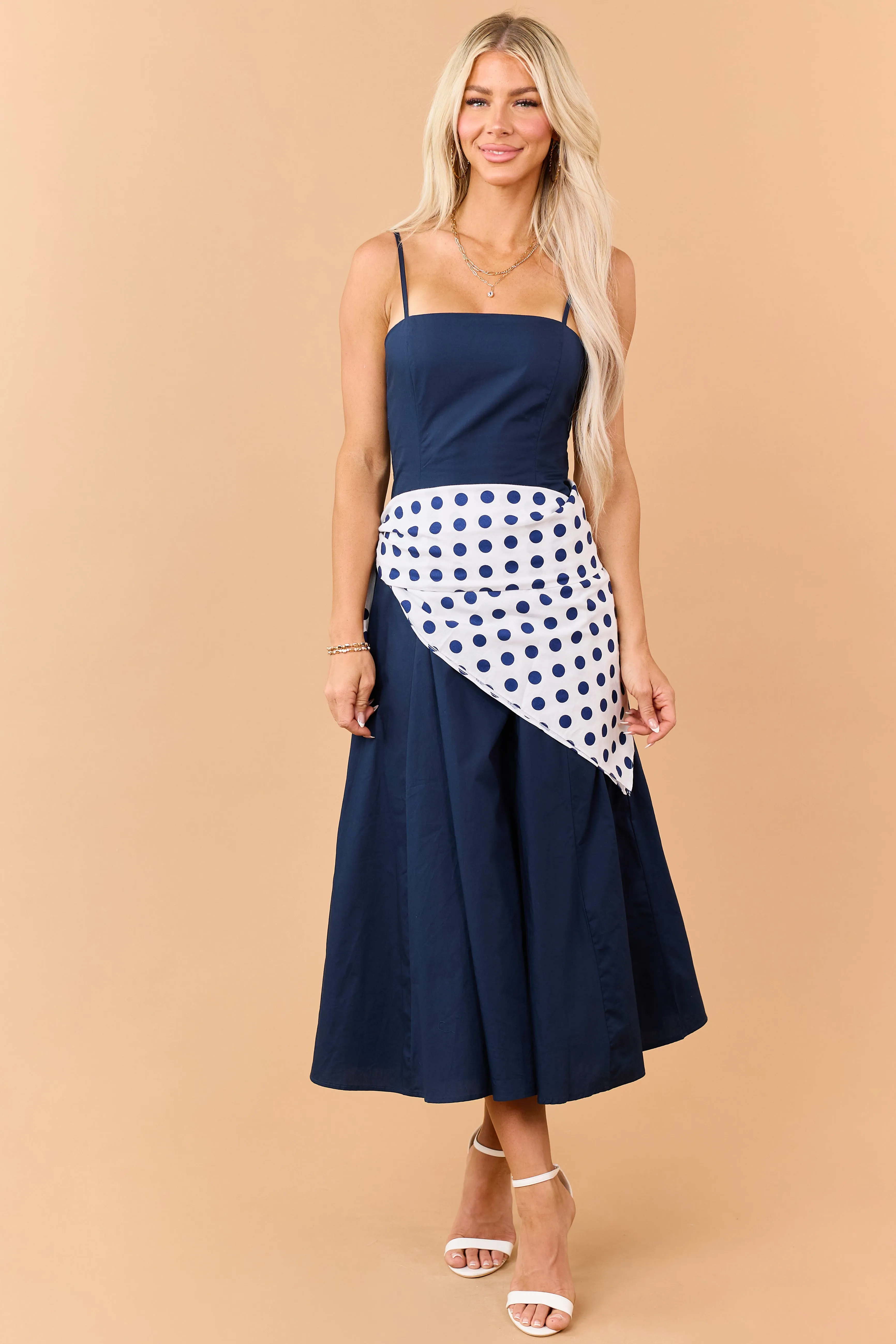 Navy Contrast Polka Dot Waist Wrap Cotton Midi Dress sold by Lime Lush product image thumbnail 3