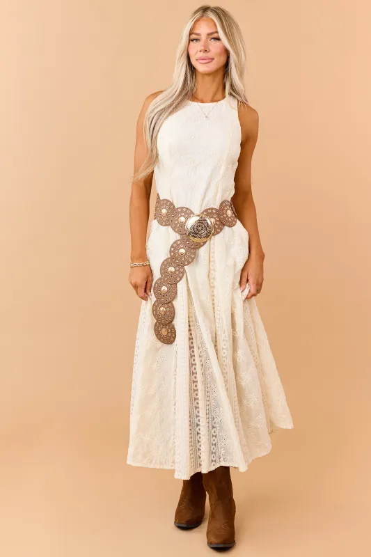 Cream Eyelet Lace Embroidered Sleeveless Maxi Dress made by Jnna