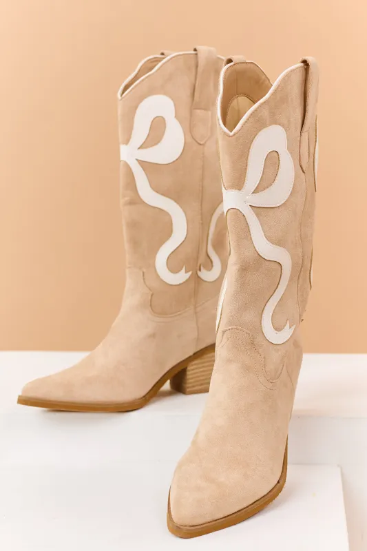 Beige Faux Suede Contrast Bow Western Boots made by Mi.iM