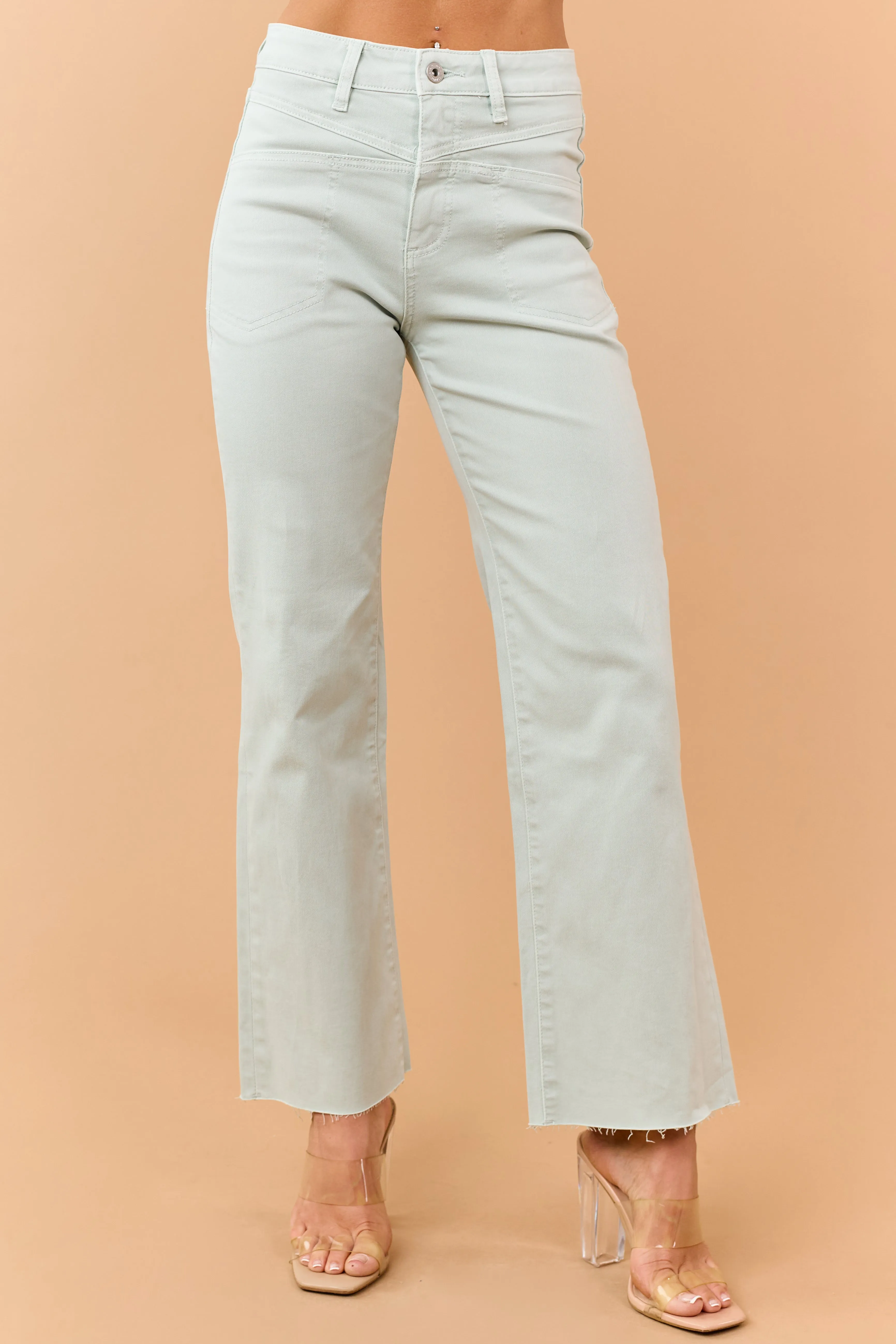 Mica Denim Mint Stretchy Wide Leg Raw Hem Jeans sold by Lime Lush
