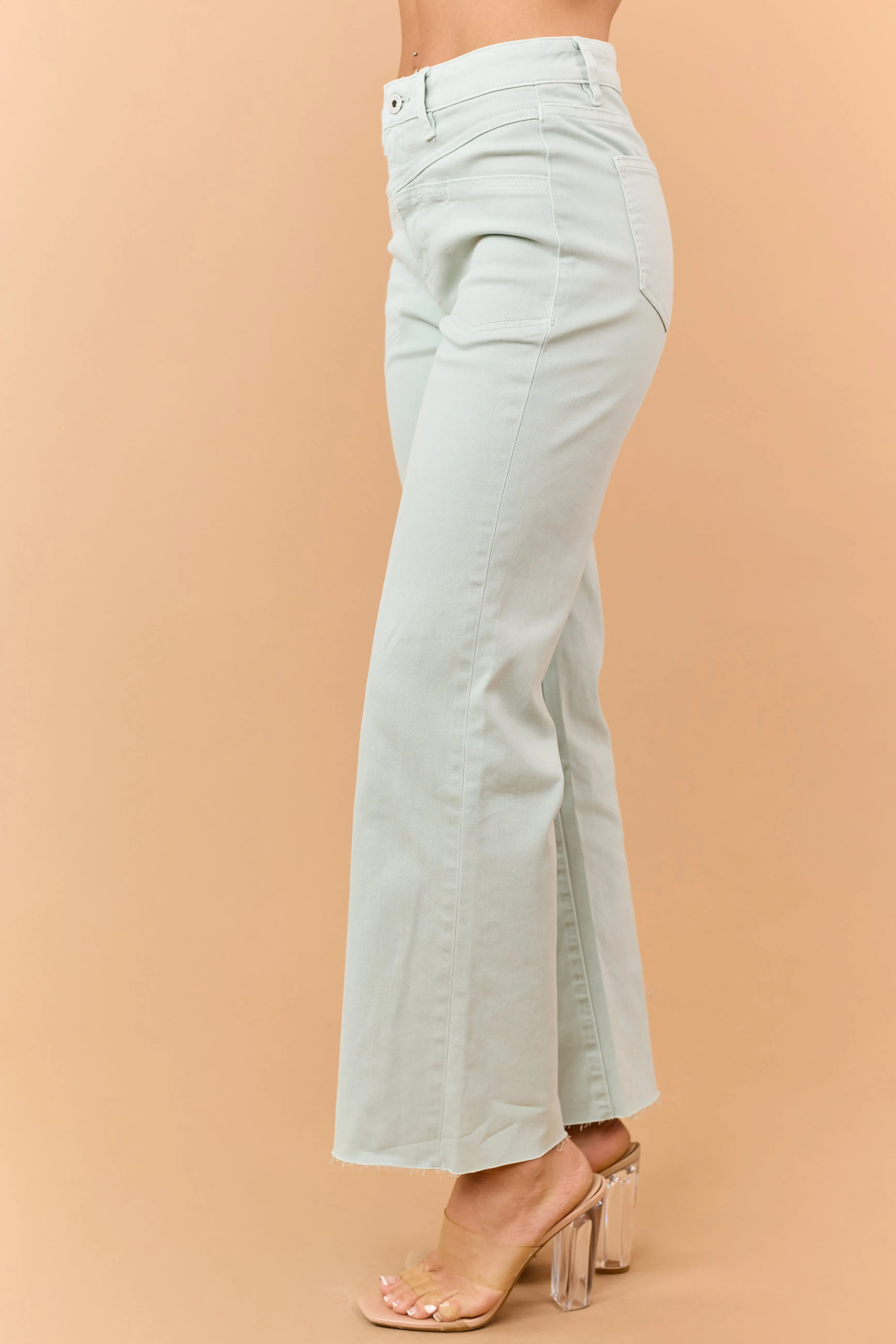 Mica Denim Mint Stretchy Wide Leg Raw Hem Jeans sold by Lime Lush product image thumbnail 3