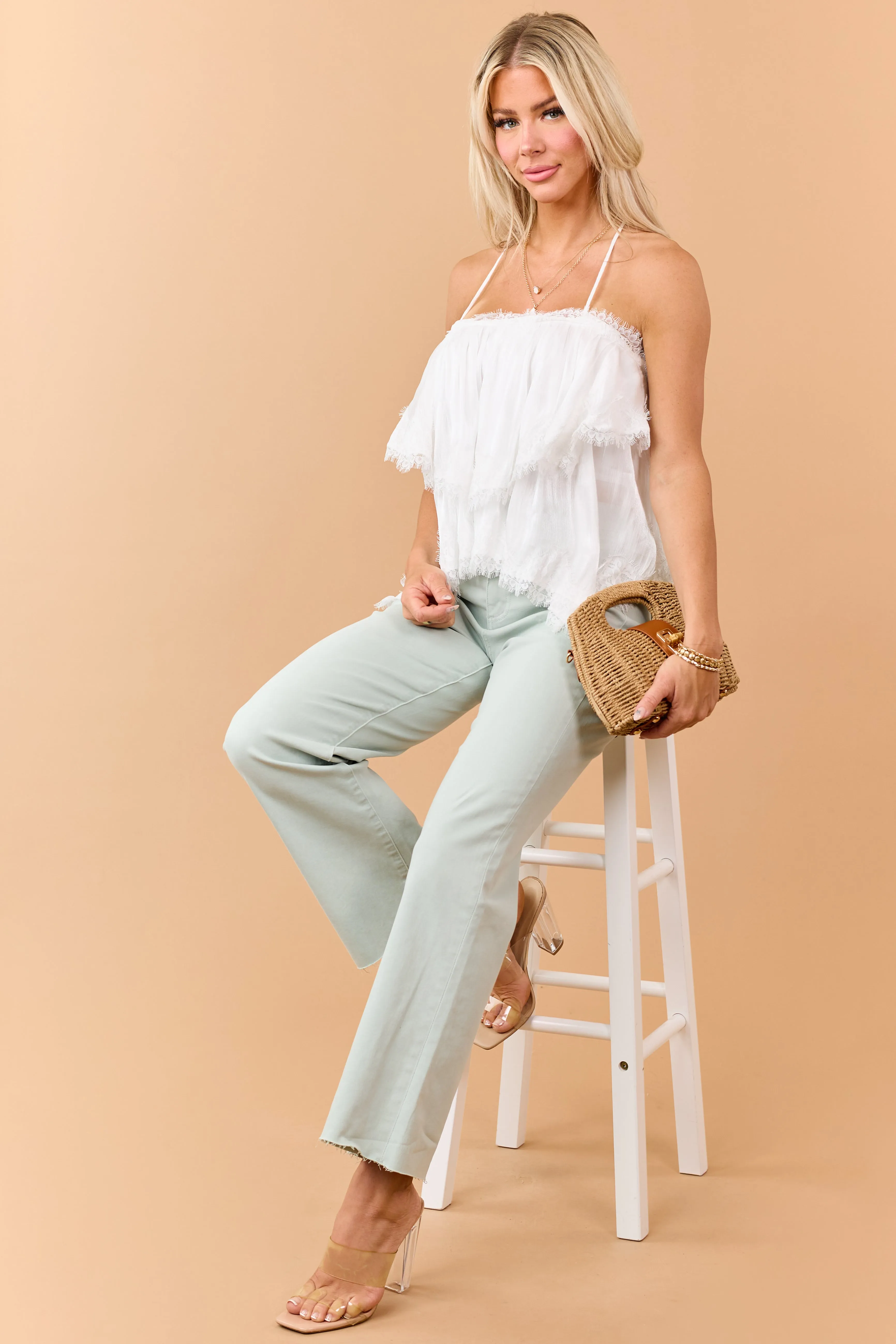 Mica Denim Mint Stretchy Wide Leg Raw Hem Jeans sold by Lime Lush product image thumbnail 2