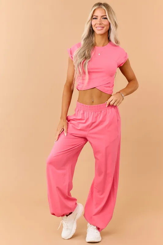 Raspberry Ruched Cotton Knit Top and Pants Set made by Rae Mode