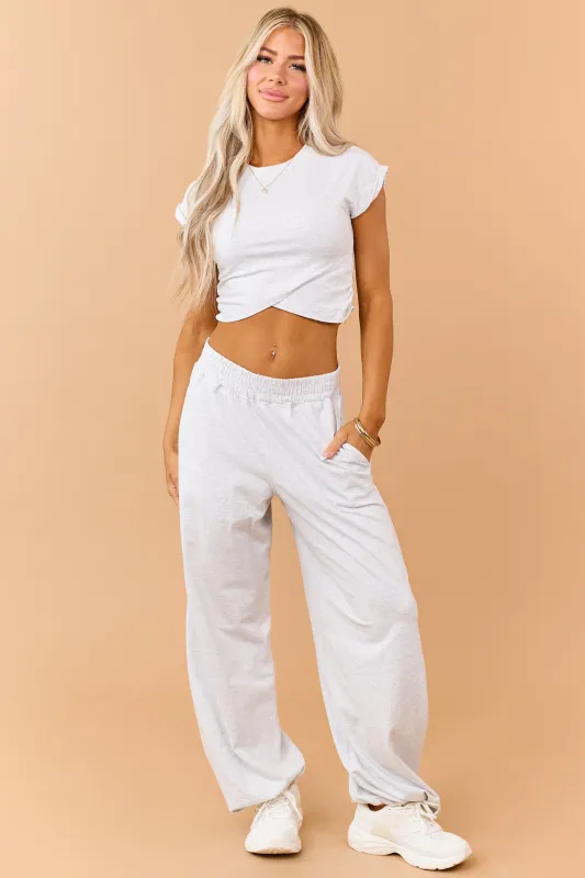 Heather Grey Ruched Cotton Knit Top and Pants Set made by Rae Mode