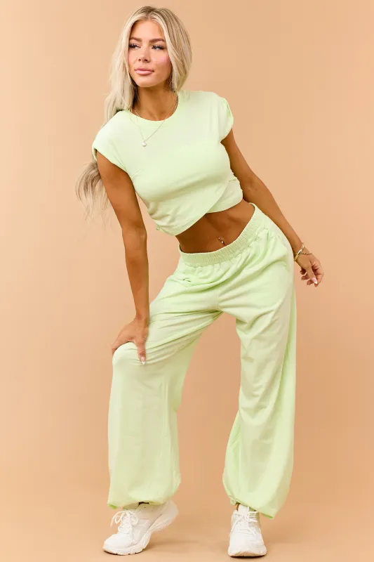 Light Kiwi Ruched Cotton Knit Top and Pants Set made by Rae Mode