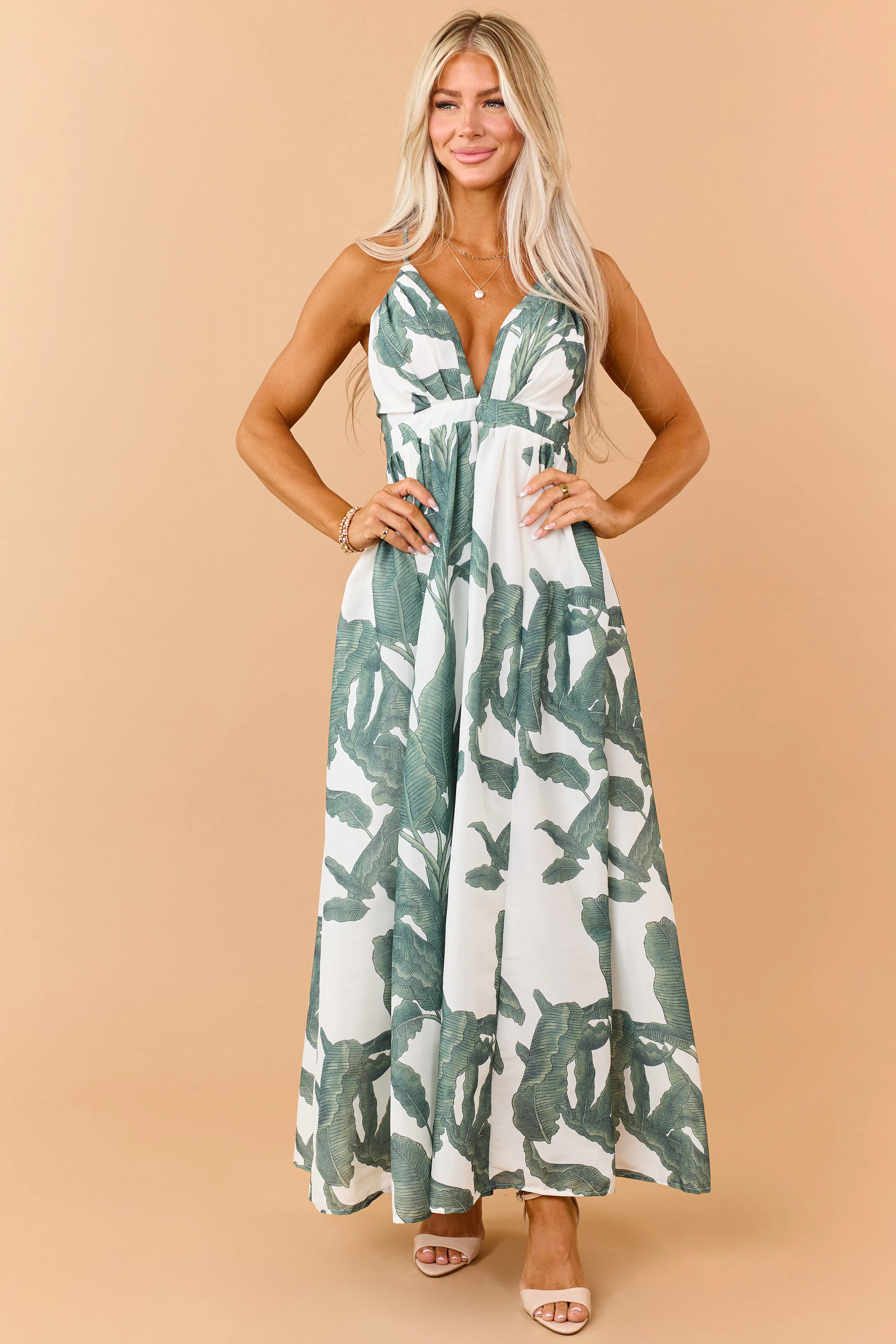 Olive Tropical Leaf Print Deep V Neck Maxi Dress sold by Lime Lush product image thumbnail 3