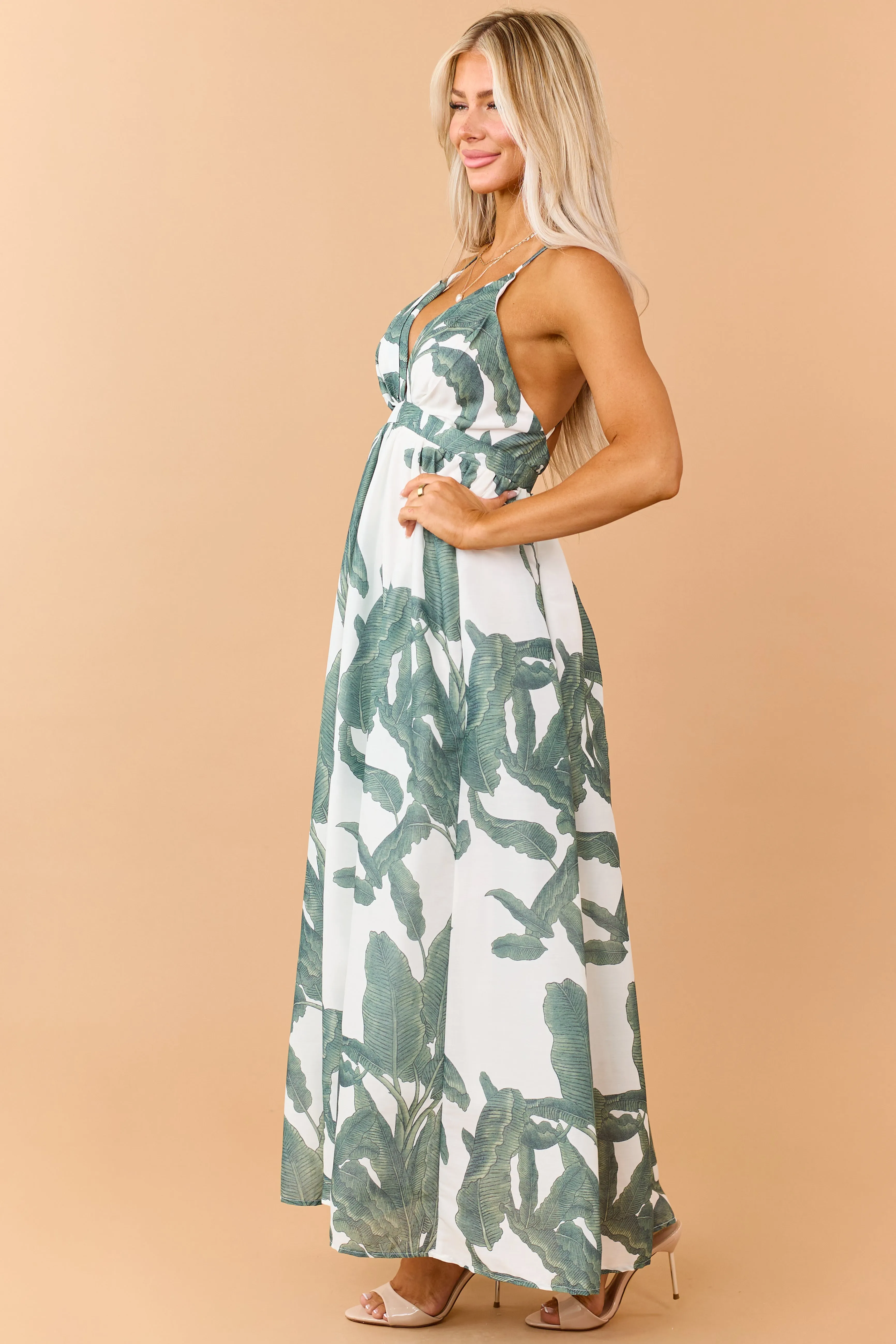 Olive Tropical Leaf Print Deep V Neck Maxi Dress sold by Lime Lush product image thumbnail 4