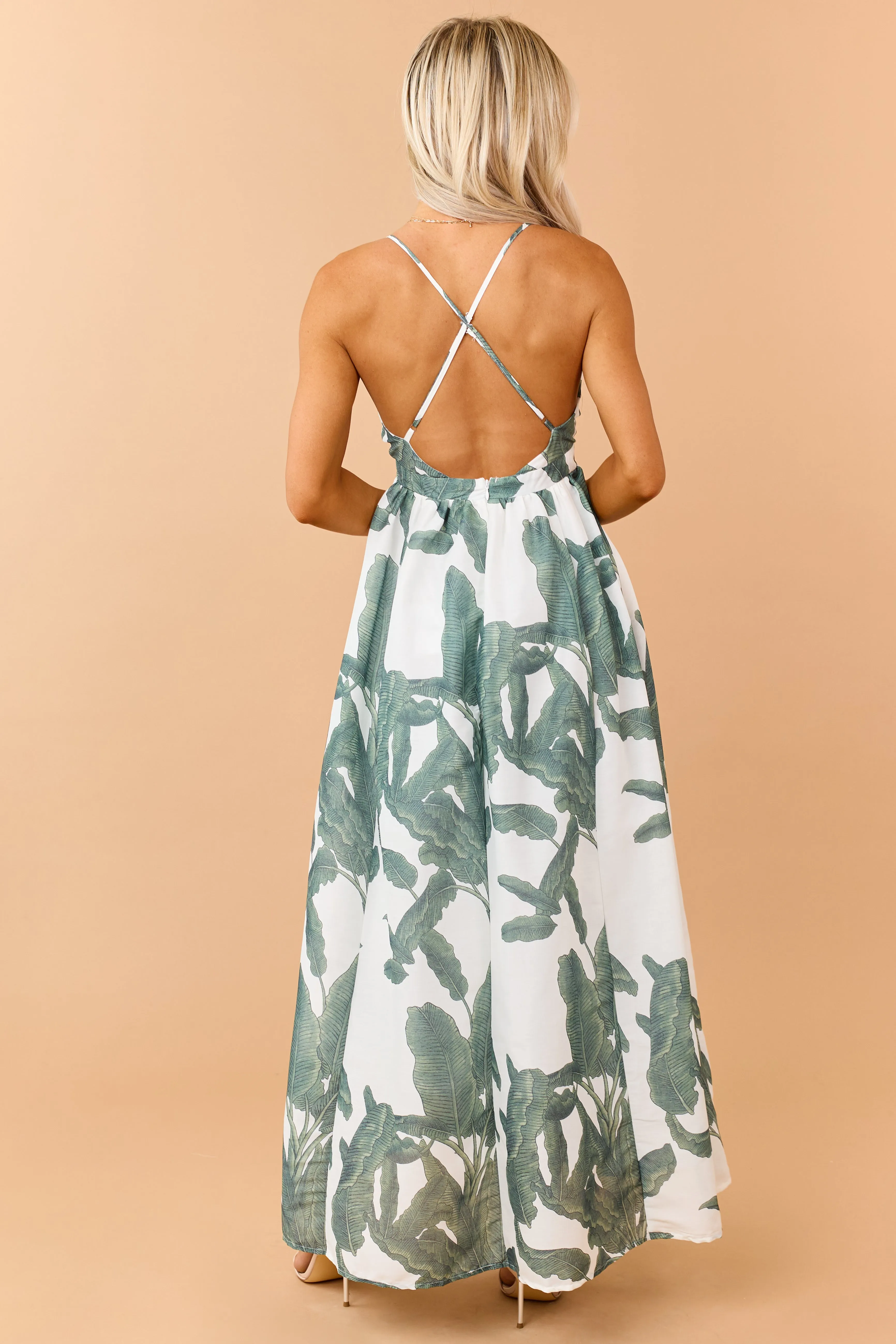 Olive Tropical Leaf Print Deep V Neck Maxi Dress sold by Lime Lush product image thumbnail 5