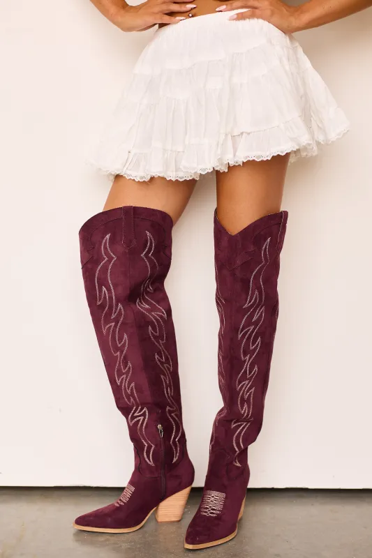 Wine Faux Suede Over Knee Embroidered Western Boots made by Mi.iM