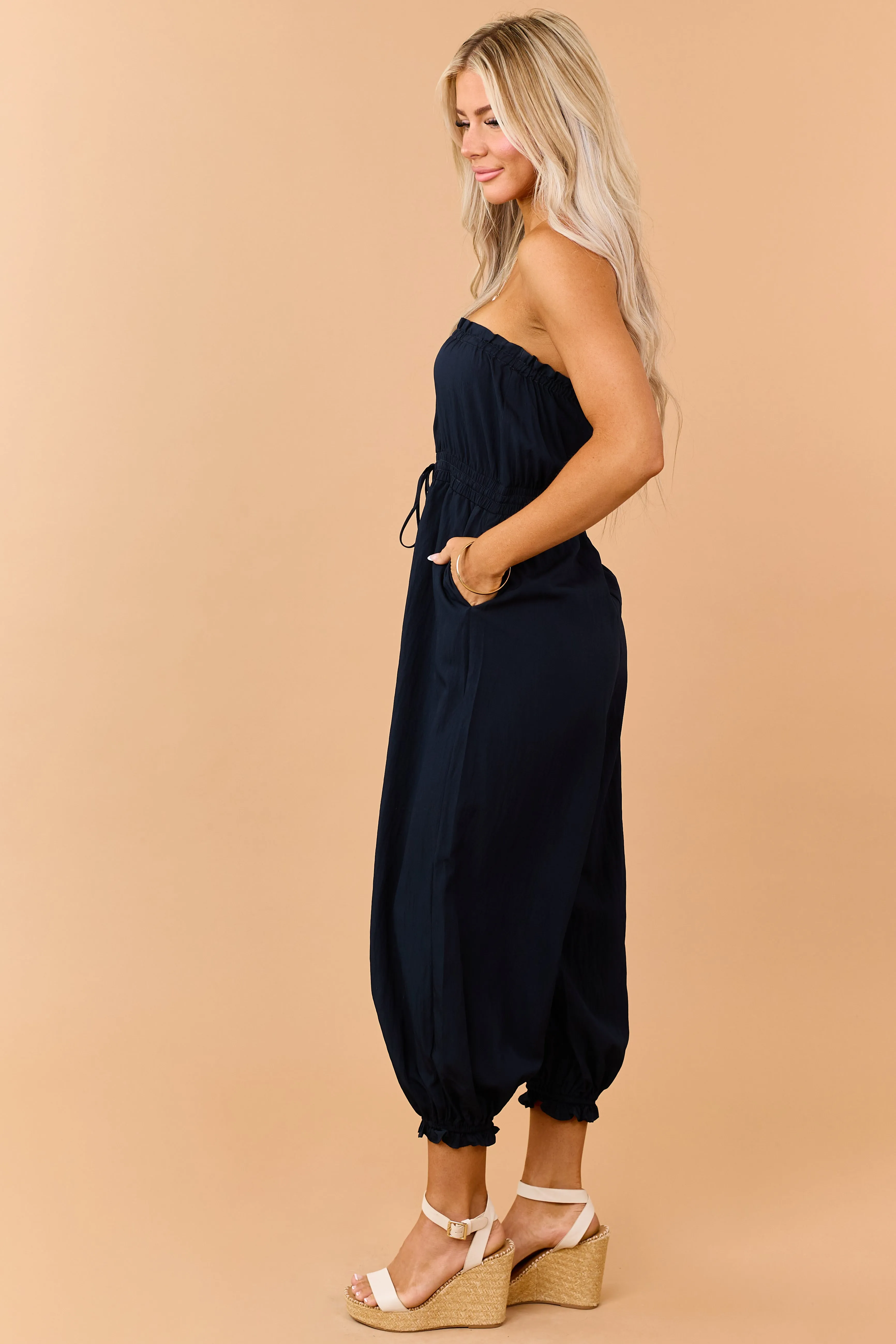 Navy Strapless Balloon Leg Ruffle Trim Jumpsuit sold by Lime Lush product image thumbnail 4