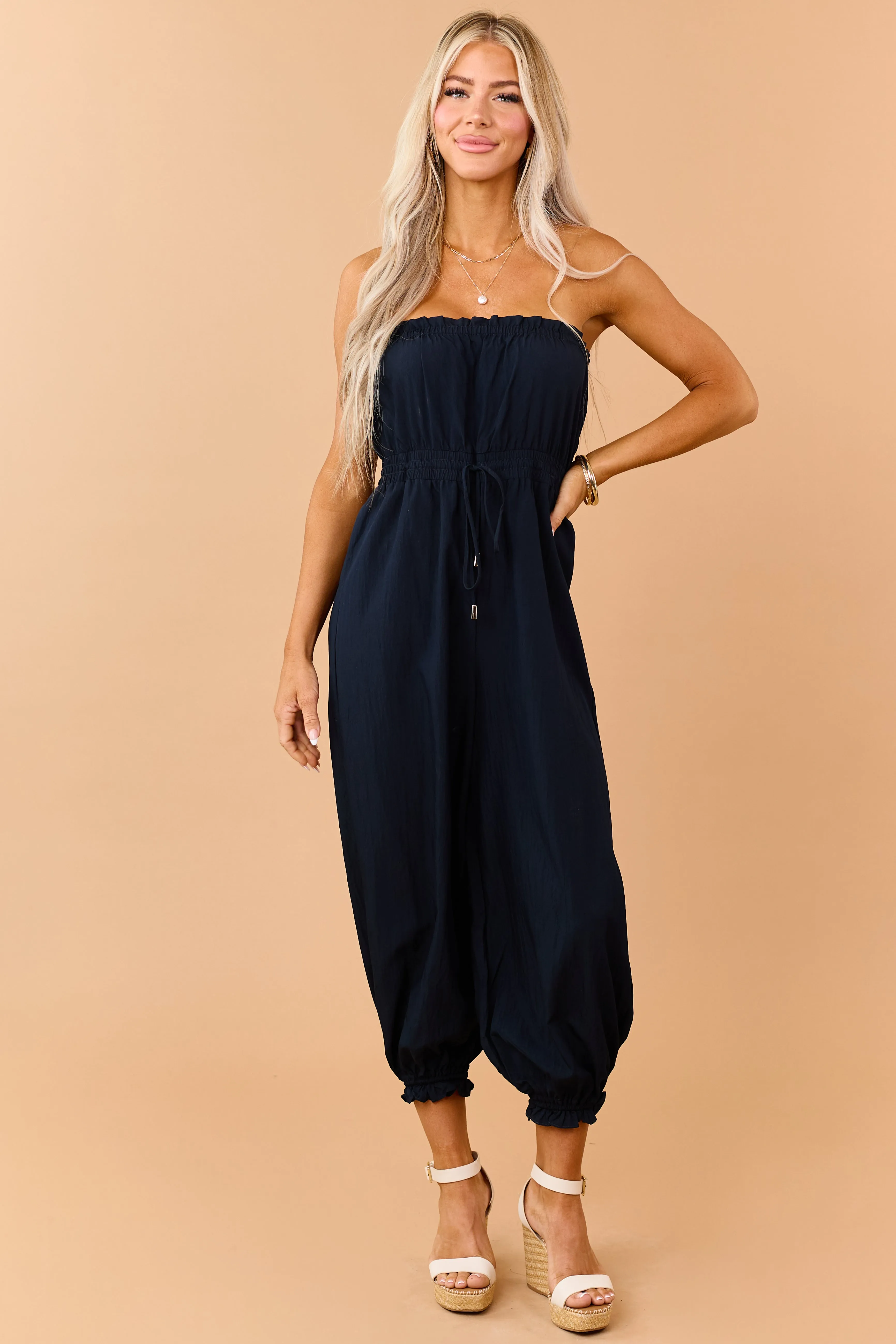 Navy Strapless Balloon Leg Ruffle Trim Jumpsuit sold by Lime Lush product image thumbnail 2
