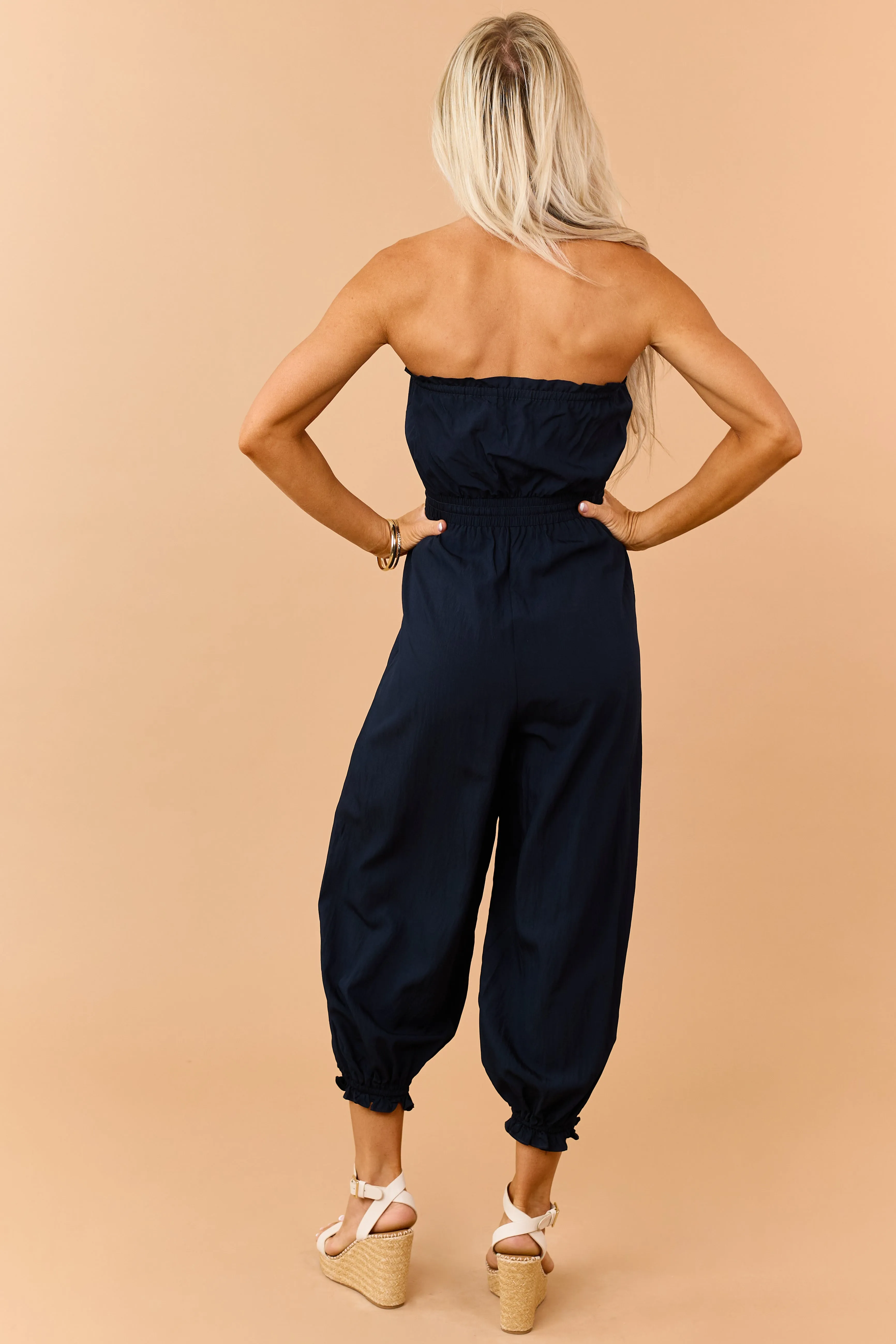 Navy Strapless Balloon Leg Ruffle Trim Jumpsuit sold by Lime Lush product image thumbnail 5