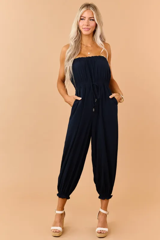 Navy Strapless Balloon Leg Ruffle Trim Jumpsuit made by Naked Zebra