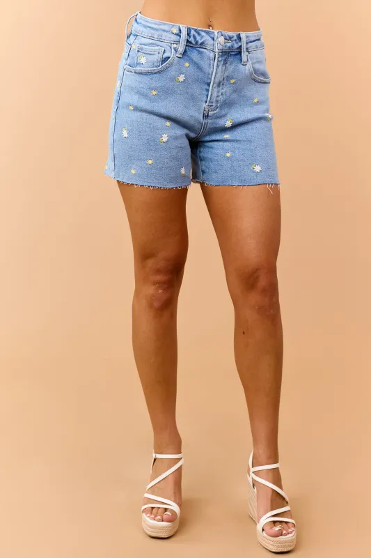 Risen Medium Wash Floral Embroidered Mini Shorts made by Risen