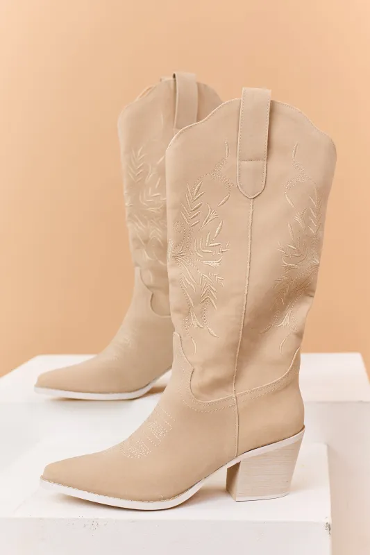 Beige Faux Suede Floral Embroidered Western Boots made by Mi.iM