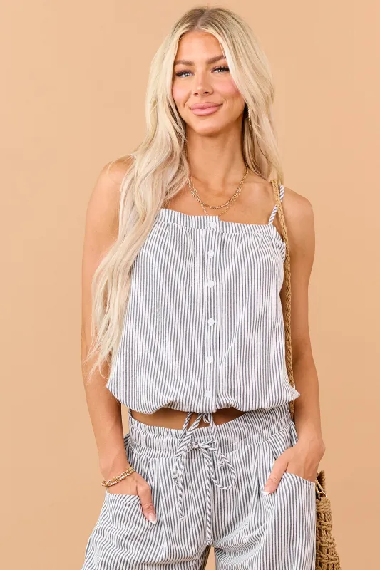 Navy and Cream Button Down Drawstring Tank Top made by Charlotte Avery