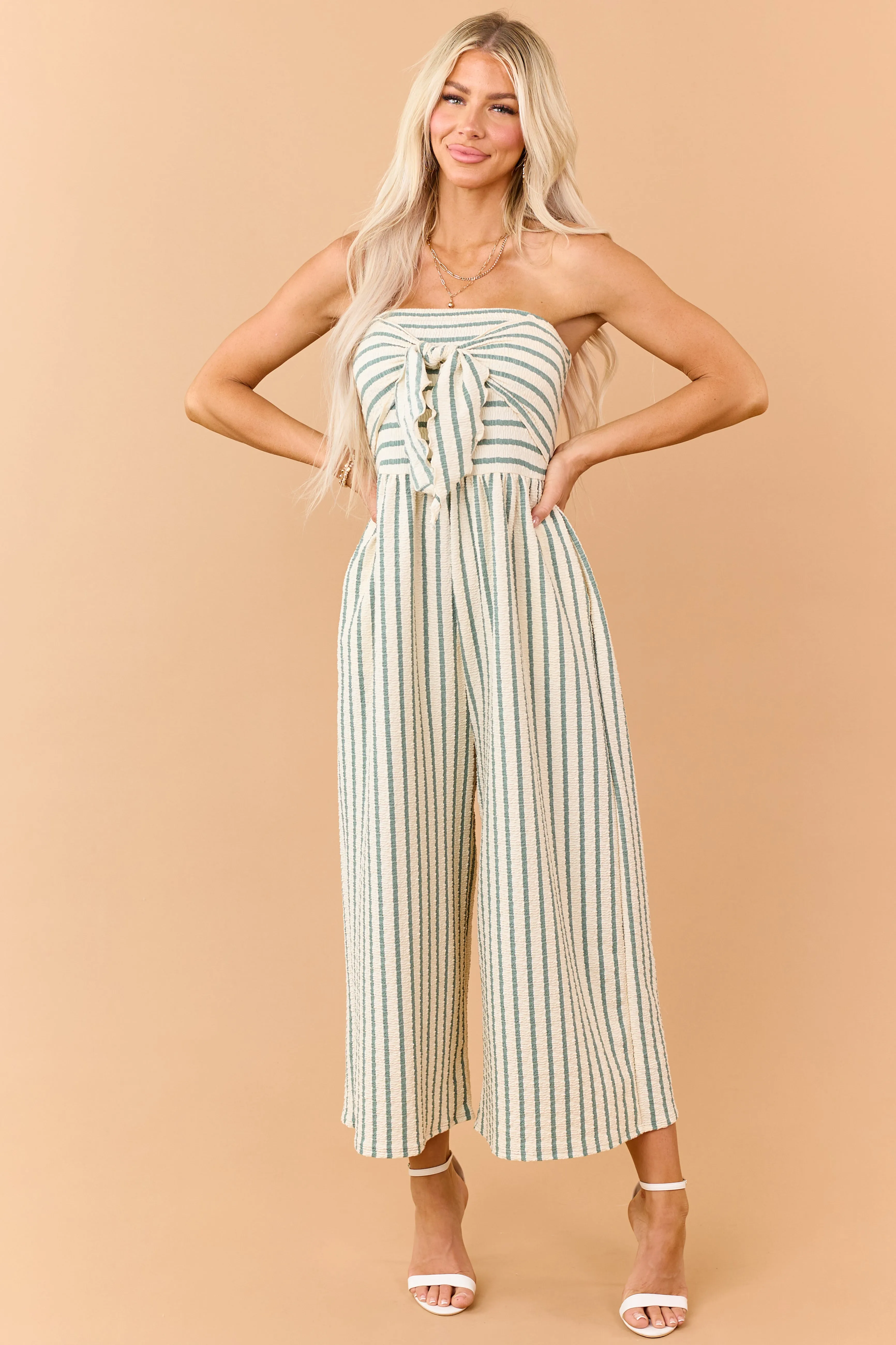 Cream and Sage Striped Strapless Jumpsuit sold by Lime Lush product image thumbnail 2