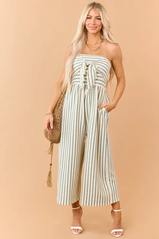 Cream and Sage Striped Strapless Jumpsuit made by Charlotte Avery