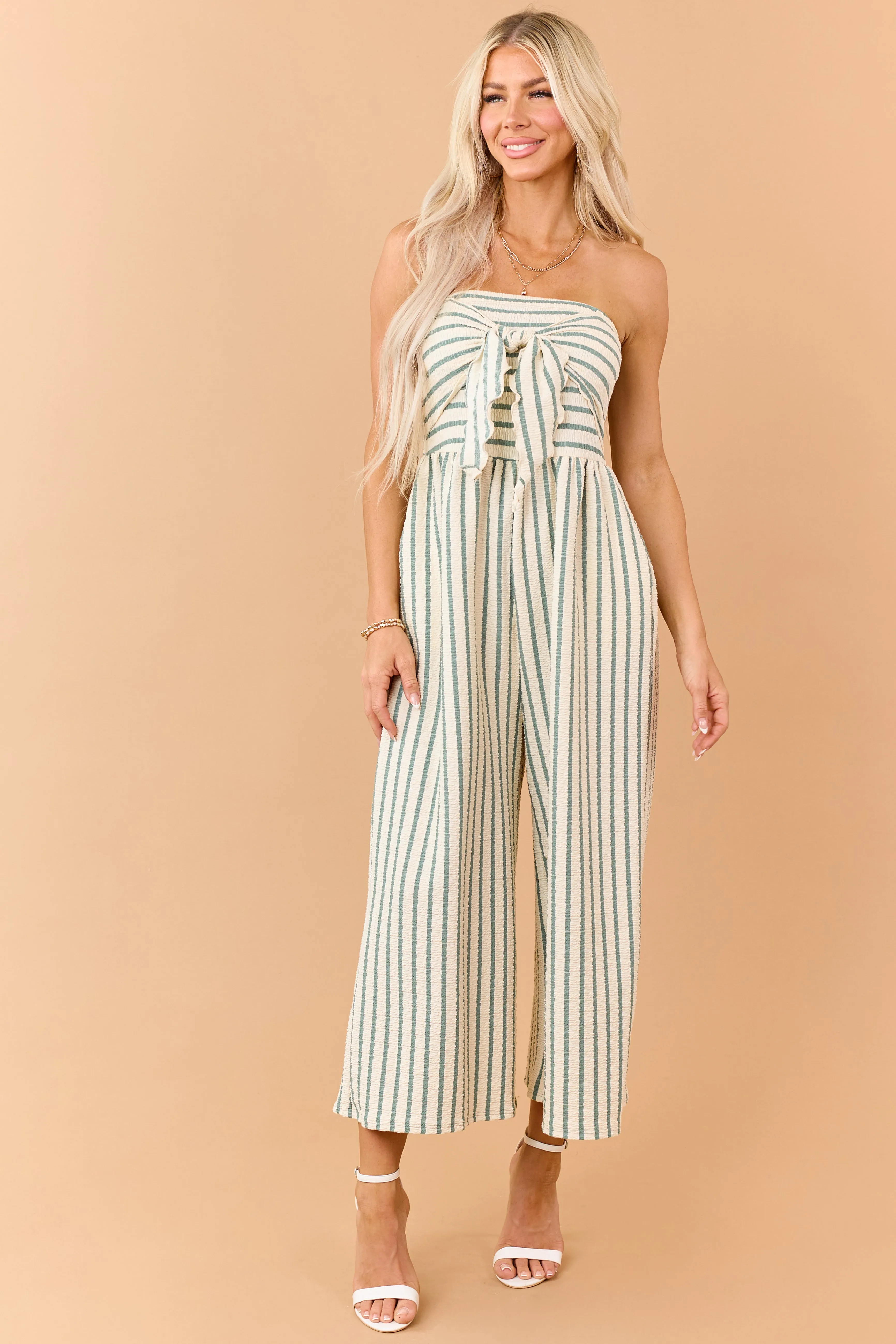 Cream and Sage Striped Strapless Jumpsuit sold by Lime Lush product image thumbnail 3