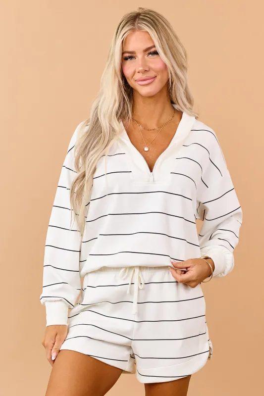 Ivory and Black Striped Quarter Zip Up Top made by Rae Mode