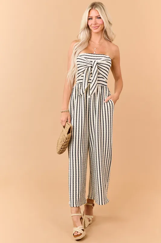 Cream and Black Striped Strapless Jumpsuit made by Charlotte Avery