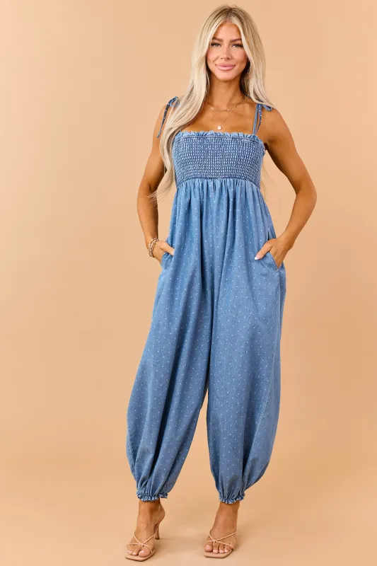Medium Wash Denim Polka Dot Sleeveless Jumpsuit made by Klesis