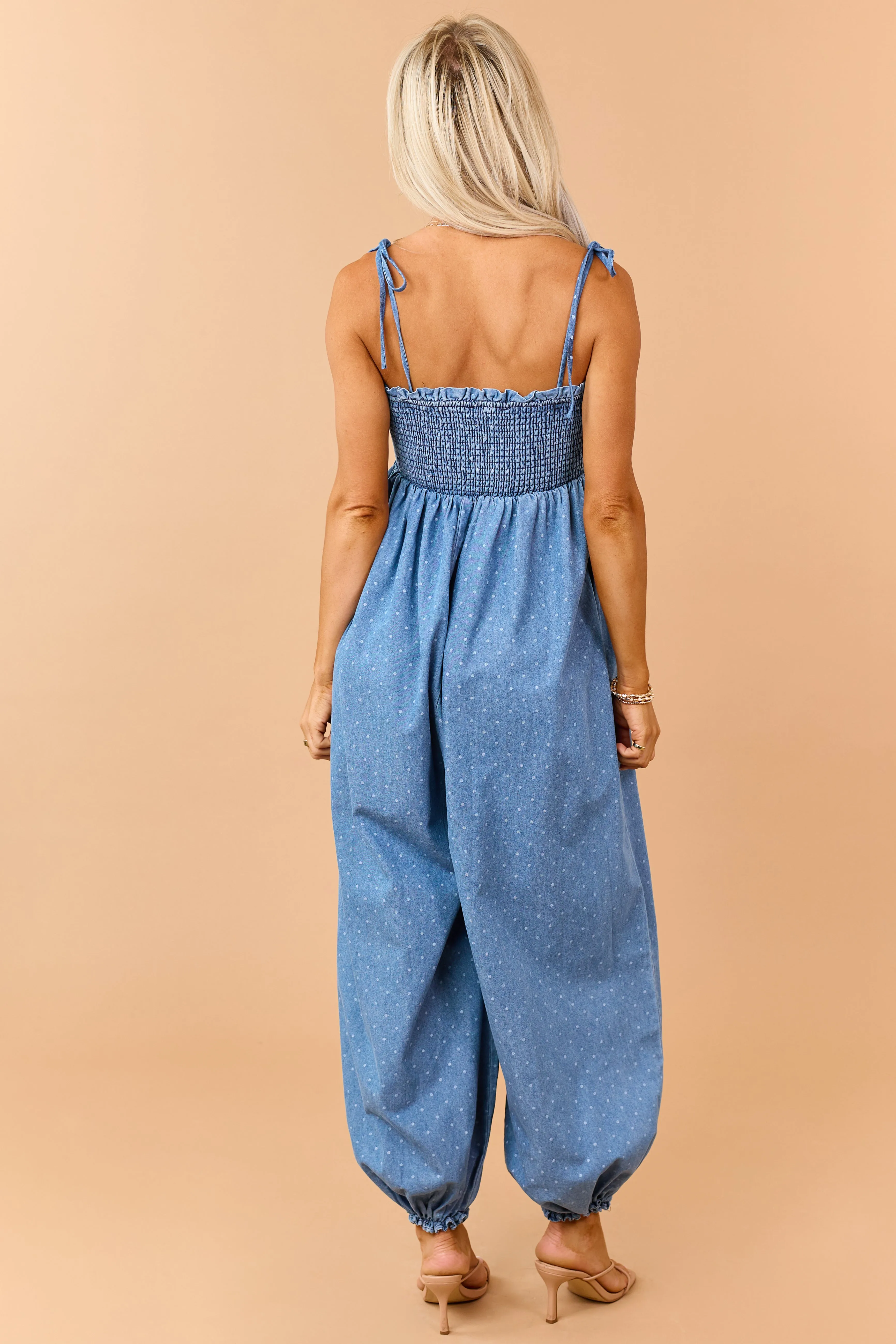 Medium Wash Denim Polka Dot Sleeveless Jumpsuit sold by Lime Lush product image thumbnail 5