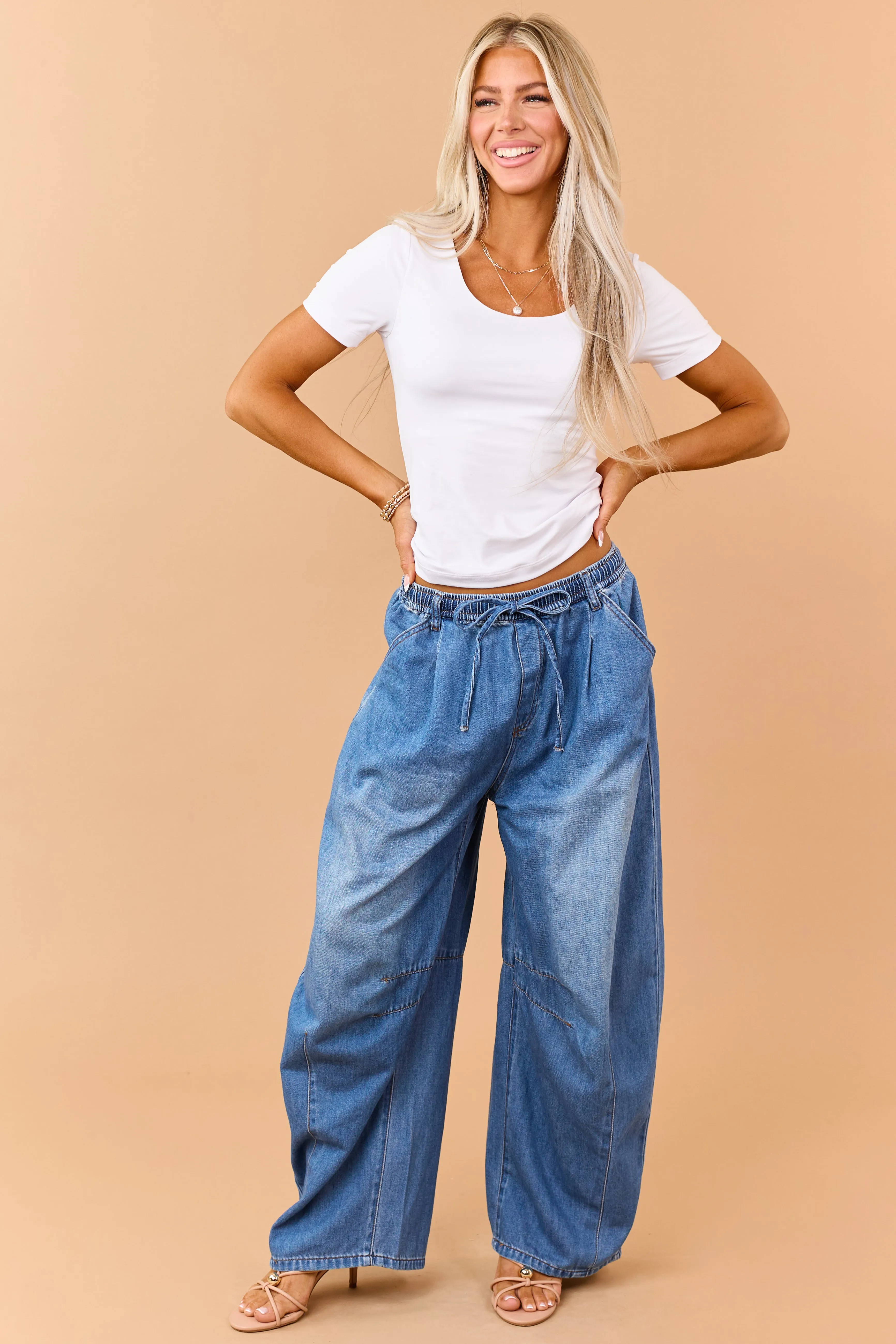 Listicle Medium Wash Denim Drawstring Wide Leg Pants sold by Lime Lush