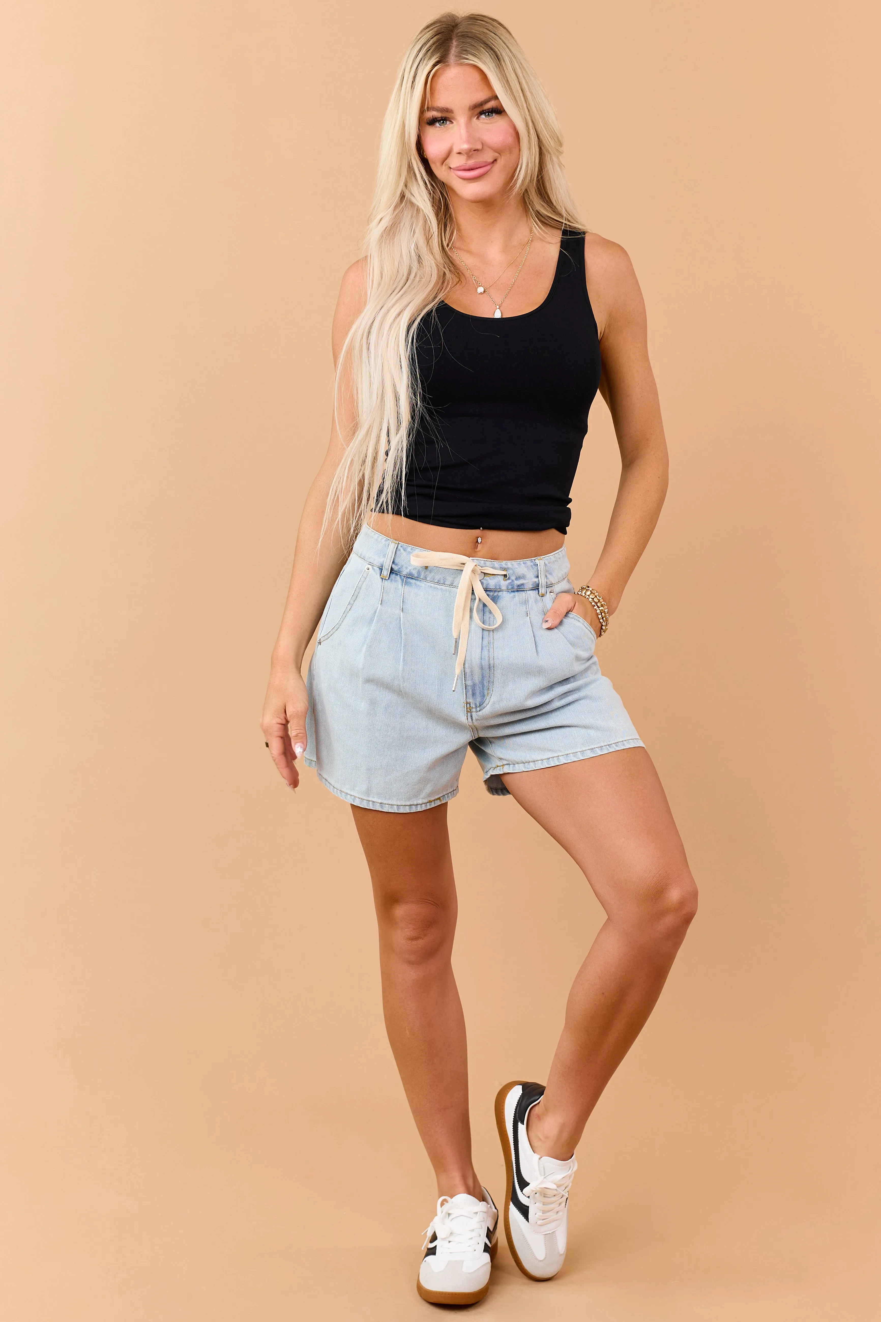 Light Wash Drawstring Pleated Denim Shorts sold by Lime Lush product image thumbnail 2