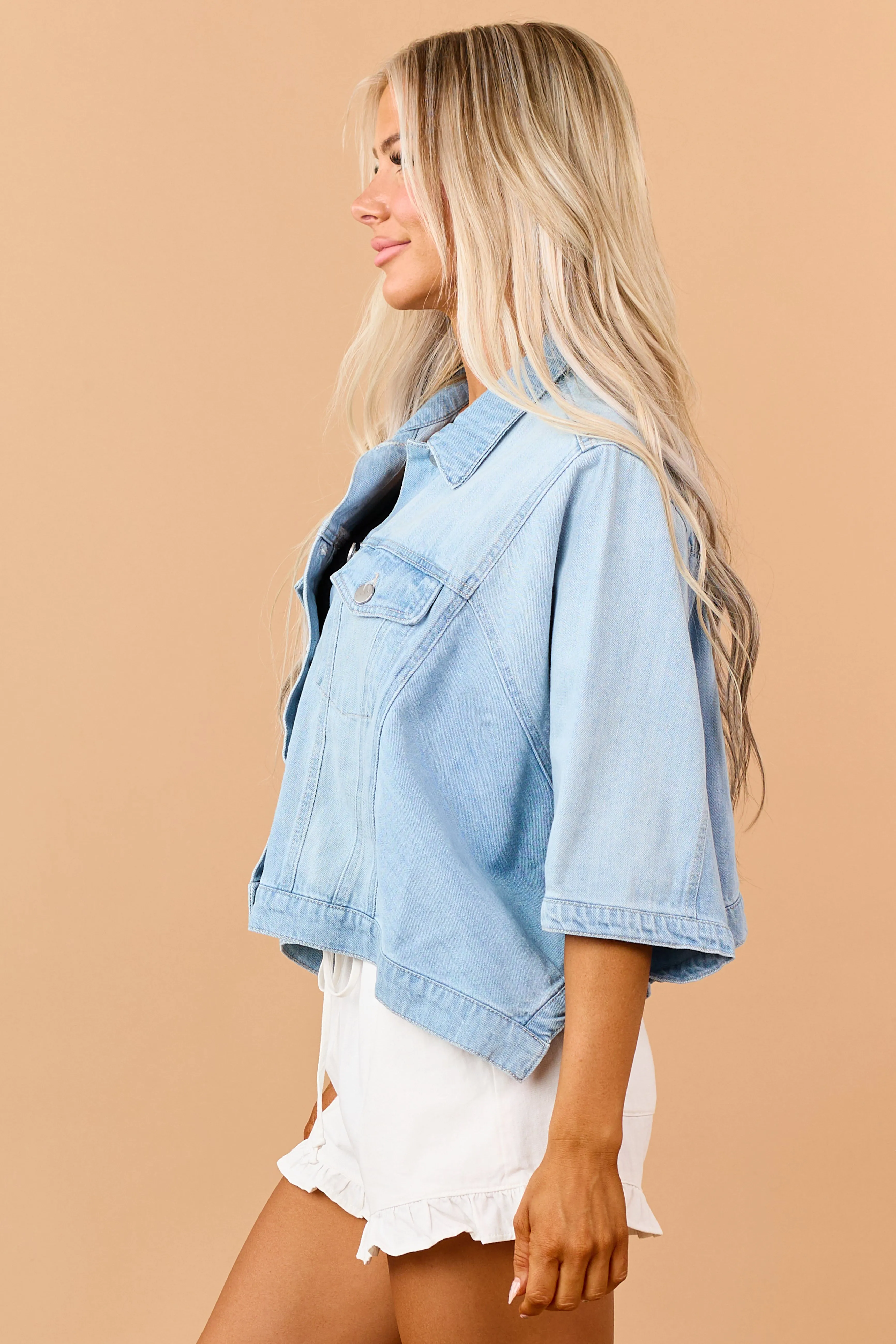 Risen Light Wash Denim Button Down Poncho Jacket sold by Lime Lush product image thumbnail 5