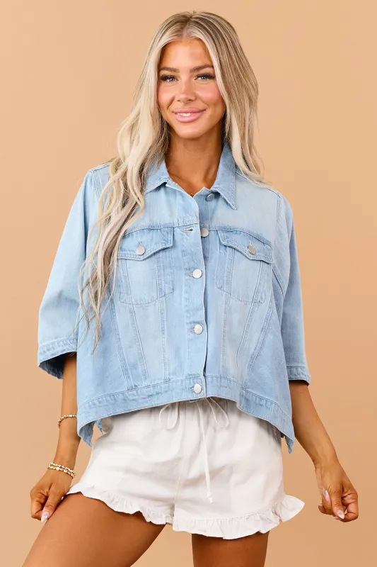 Risen Light Wash Denim Button Down Poncho Jacket made by Risen