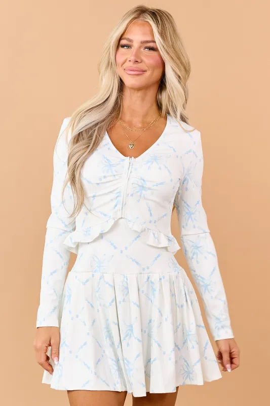 White Bow Print Cropped Zip Up Long Sleeve Top made by TCEC