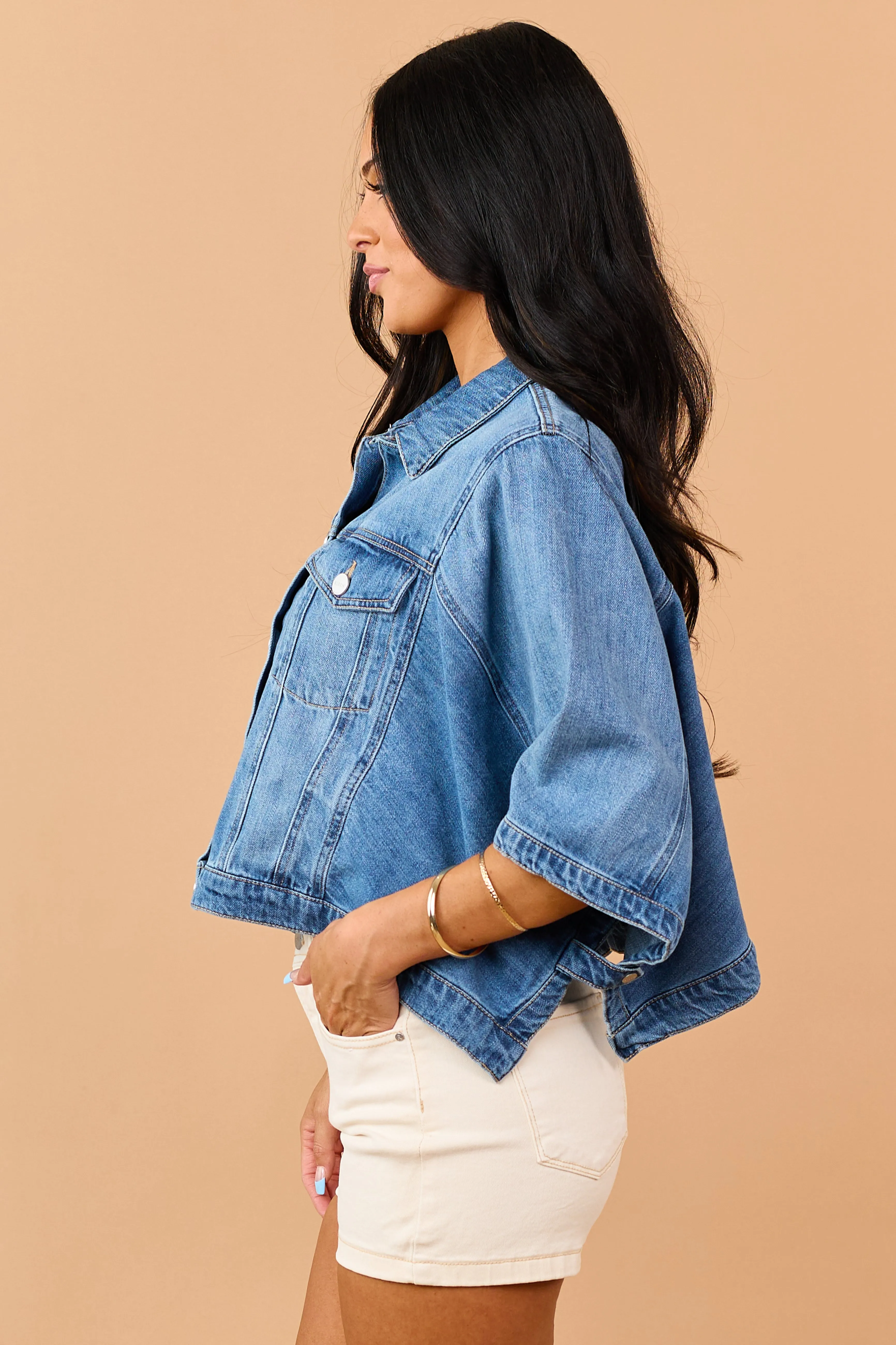 Risen Medium Wash Denim Button Down Poncho Jacket sold by Lime Lush product image thumbnail 5