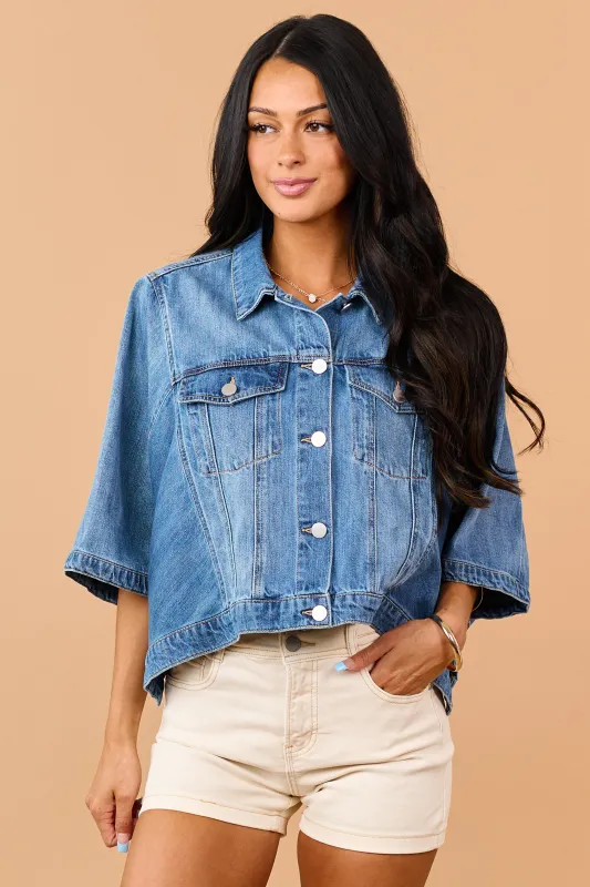 Risen Medium Wash Denim Button Down Poncho Jacket made by Risen